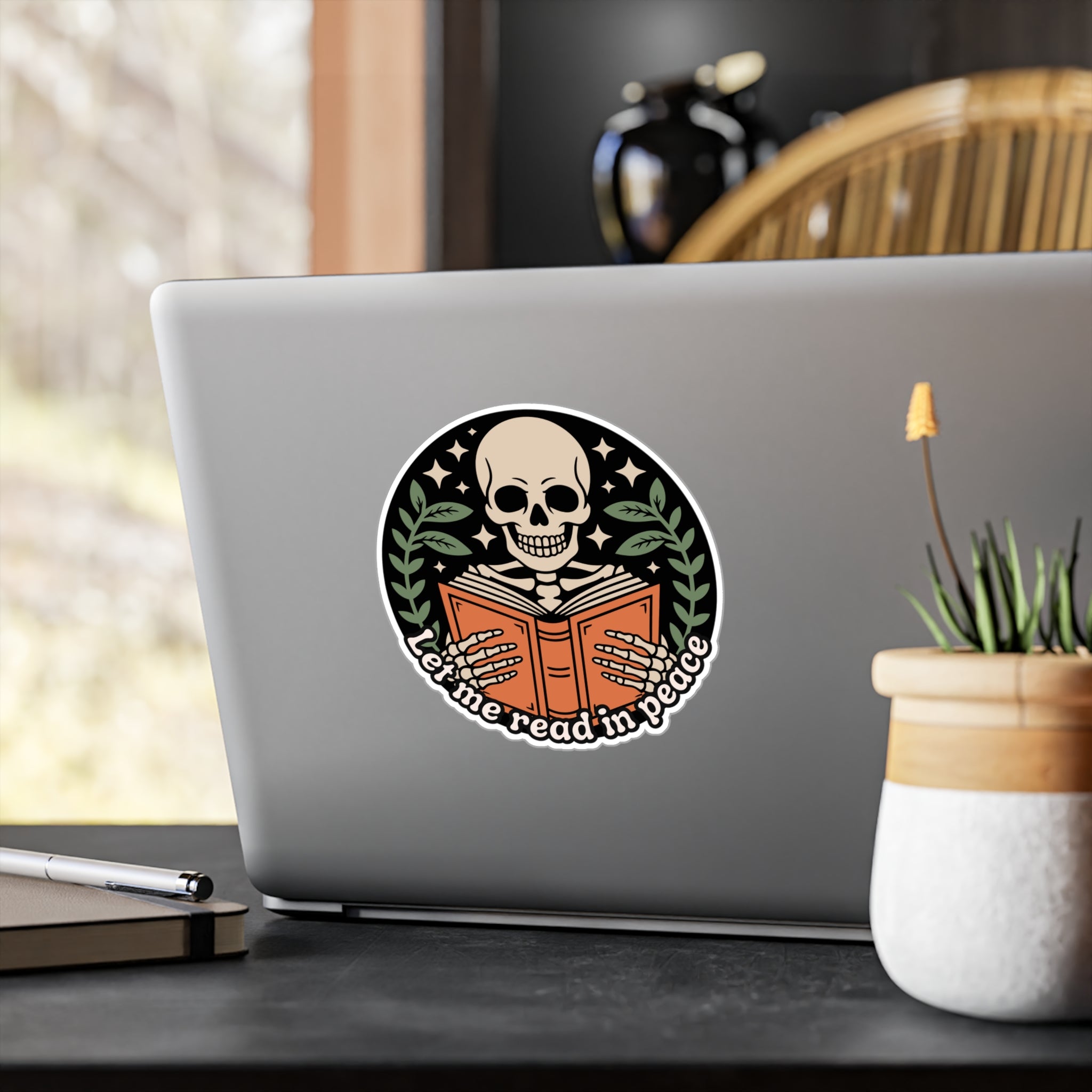 Skeleton Reading Vinyl Sticker – “Let Me Read in Peace” Kiss-Cut Decal