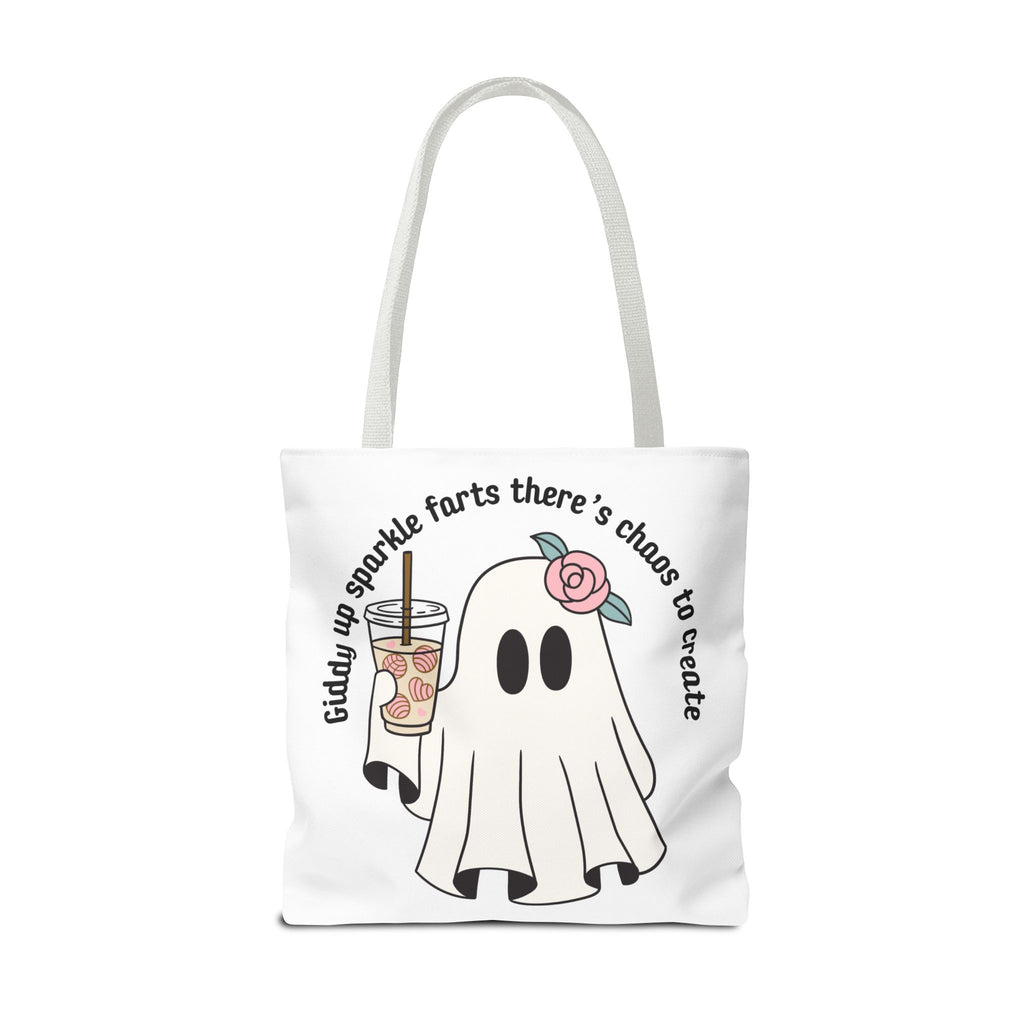 Cute Ghost Tote Bag - "Giddy up sparkle farts there’s chaos to create" Ghost with Boba Tea Tote