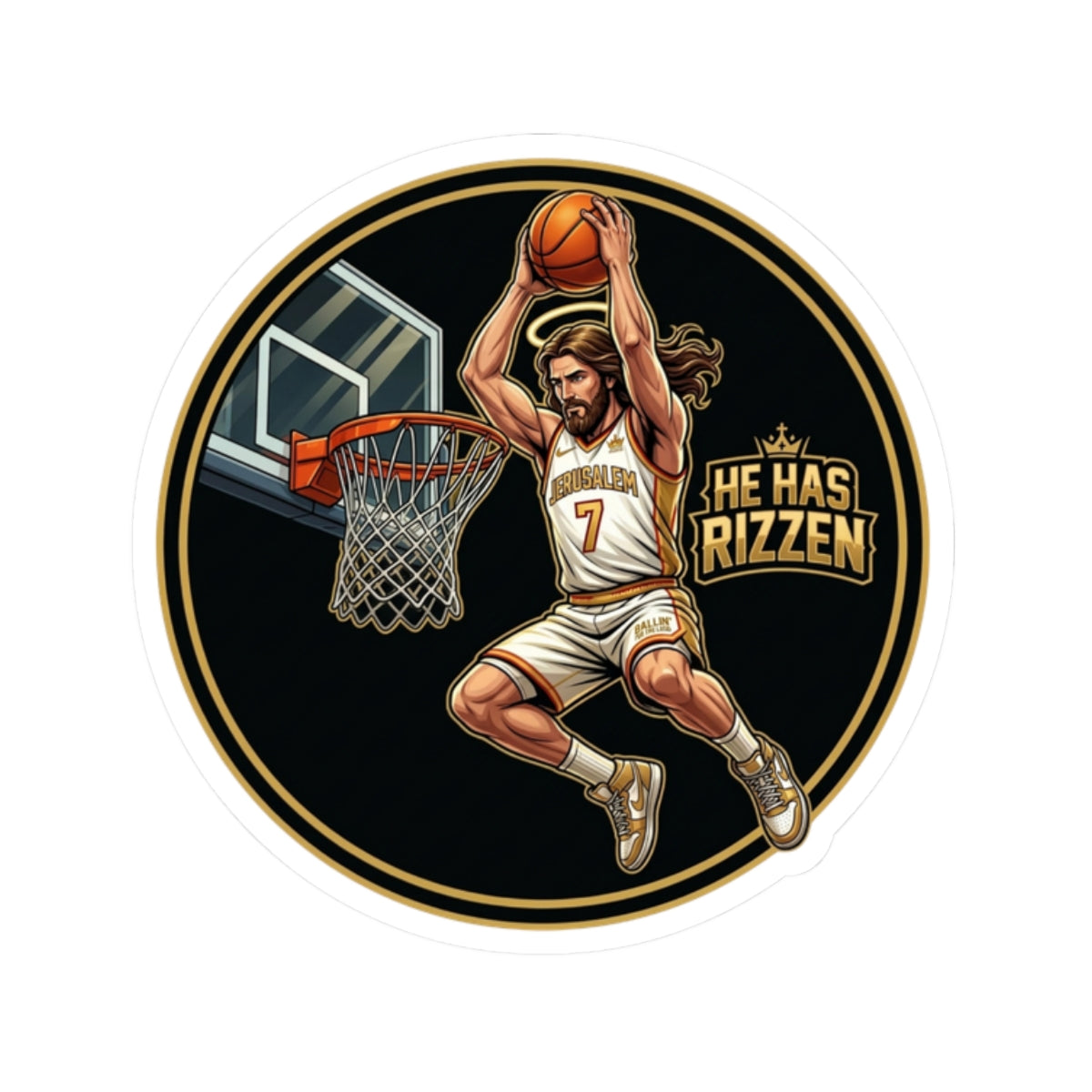 He Has RIZZEN Basketball Sticker — Round Kiss-Cut Dunking Player  | Decal He has Risen