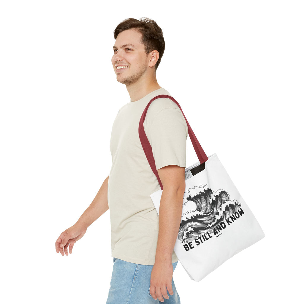 Be Still and Know Wave Tote Bag — Inspirational Psalm 36:10 Canvas Tote