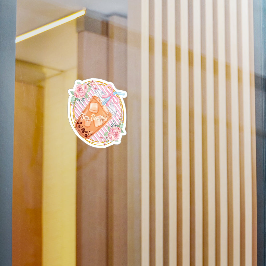 Boba Bubble Tea Vinyl Sticker – “Stay Beautiful” Floral Kiss-Cut Decal