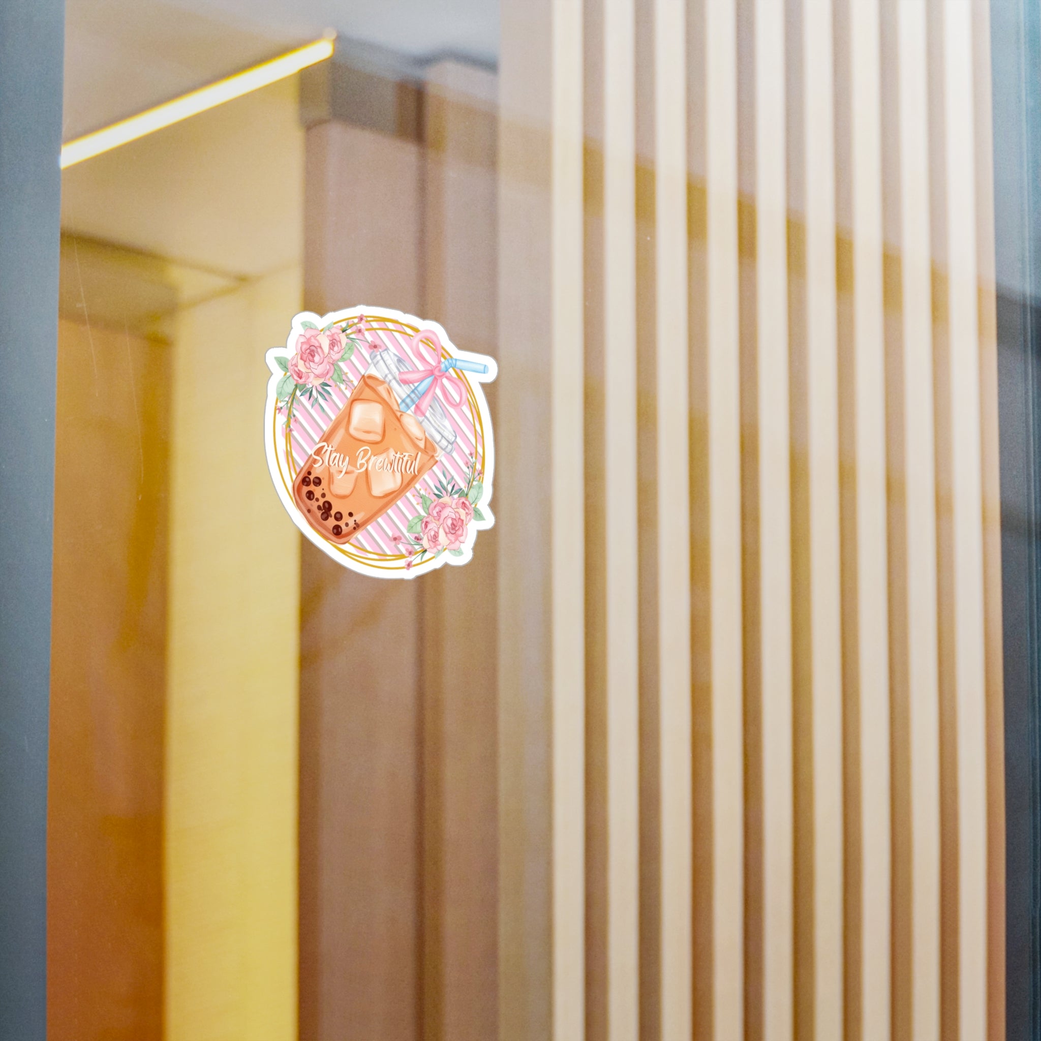 Boba Bubble Tea Vinyl Sticker – “Stay Beautiful” Floral Kiss-Cut Decal