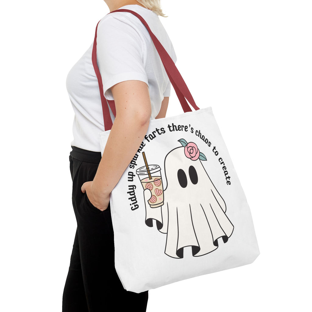 Cute Ghost Tote Bag - "Giddy up sparkle farts there’s chaos to create" Ghost with Boba Tea Tote