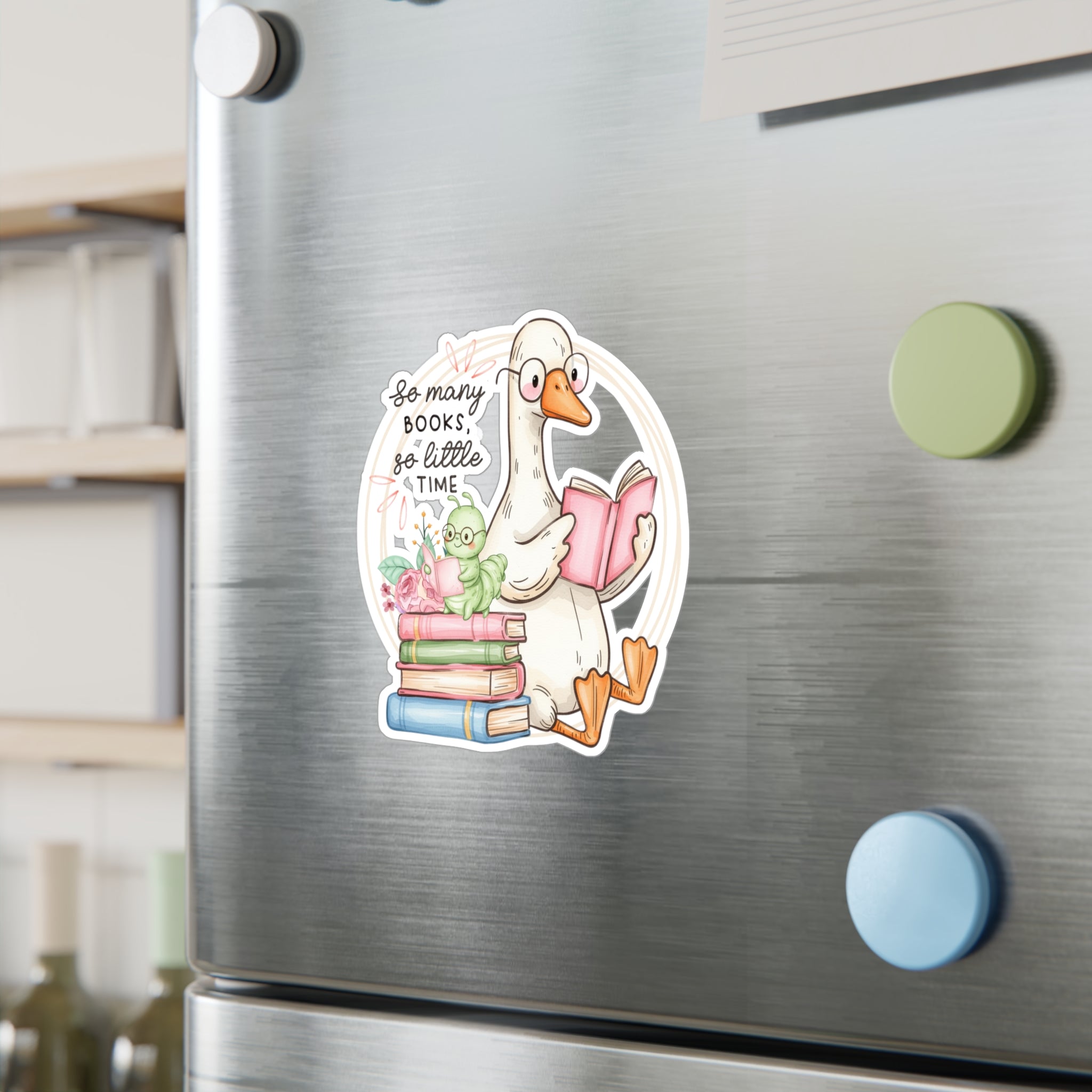 Reading Goose Kiss-Cut Vinyl Sticker — "So Many Books, So Little Time"