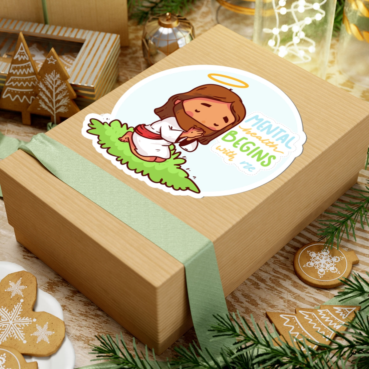 Sticker — "Mental Health Begins with Me" Praying Jesus Cute Faith Vinyl Sticker