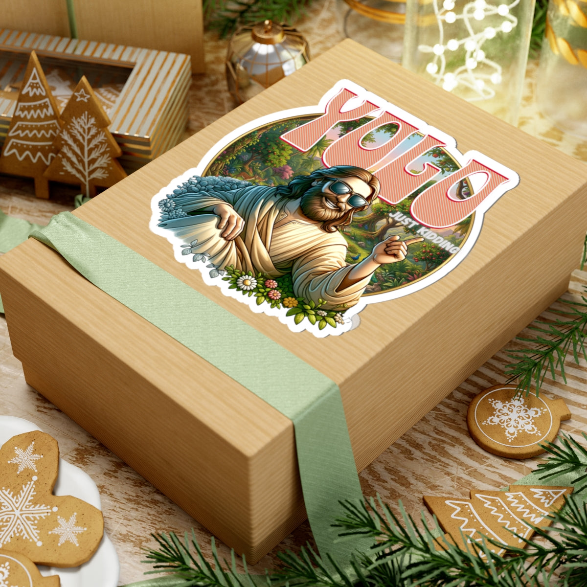 YOLO Just Kidding Sticker — Retro Jesus Kiss-Cut Vinyl Sticker
