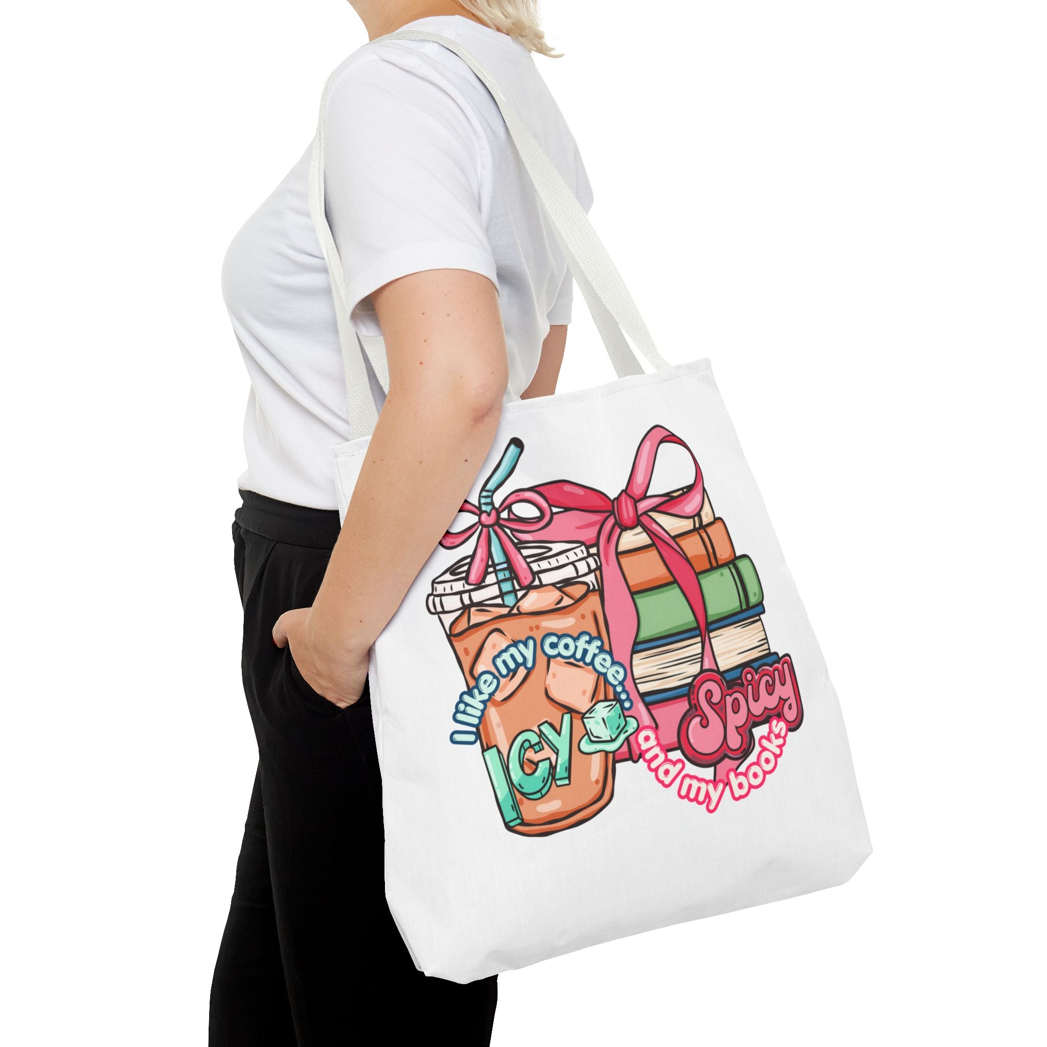 Book Lover Tote Bag — “I like my coffee icy and my books spicy” Illustrated Bookstack & Iced Coffee Design