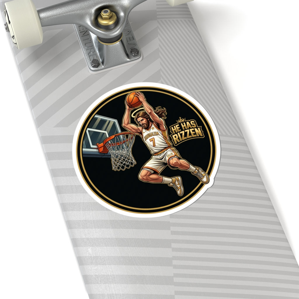 He Has RIZZEN Basketball Sticker — Round Kiss-Cut Dunking Player  | Decal He has Risen