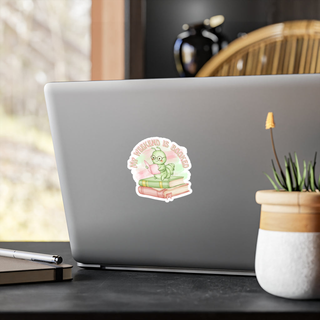Bookworm Vinyl Sticker — "My Weekend Is Booked" Cute Reading Caterpillar Kiss-Cut Decal