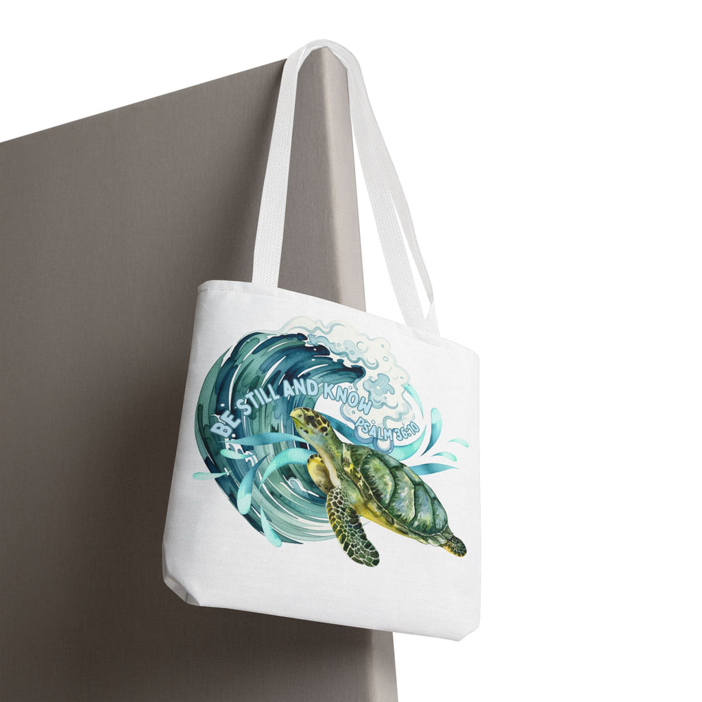 Sea Turtle Wave Tote Bag — "Be Still and Know" Ocean Eco Shopper
