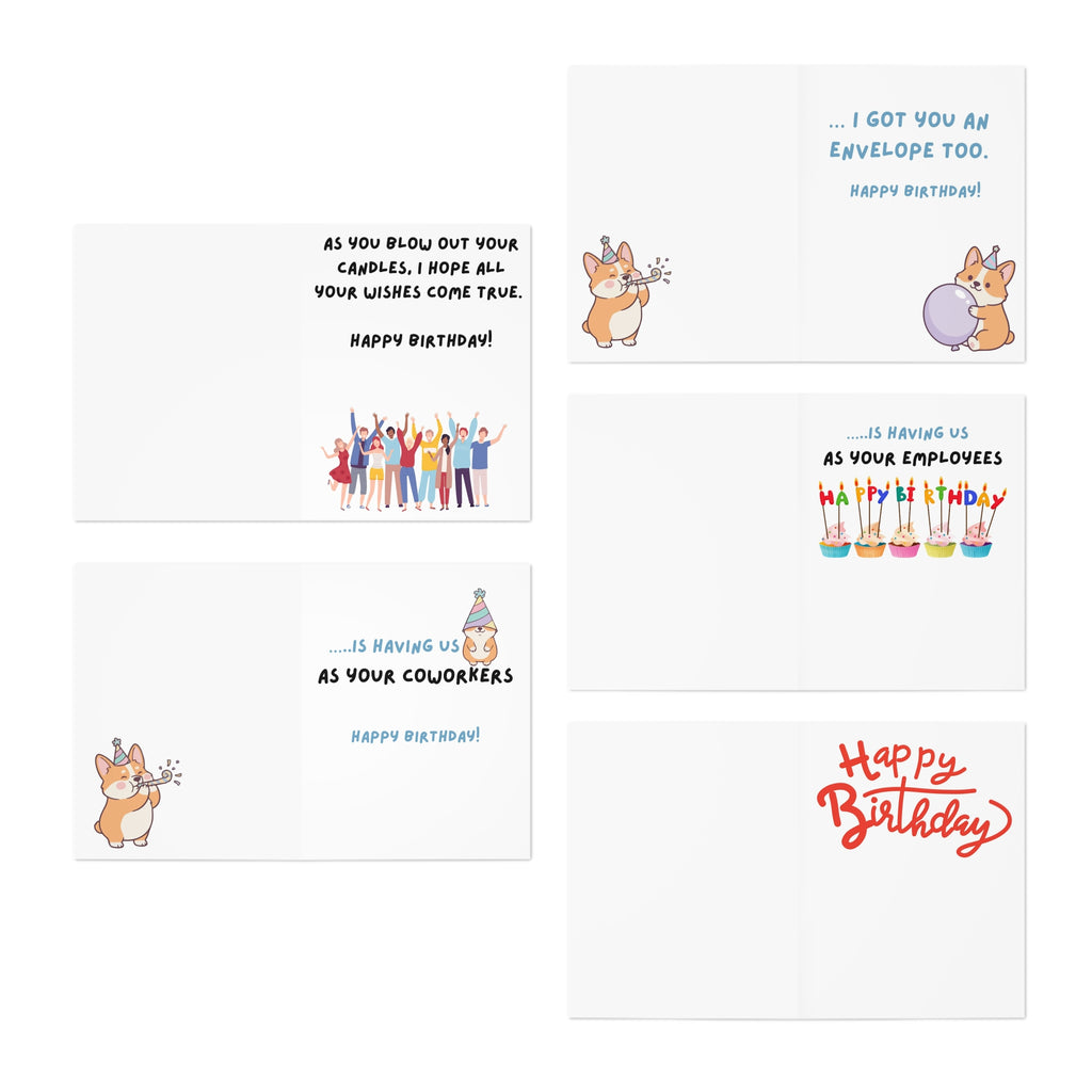 Birthday Greeting Card Set — 5-Pack Funny Corgi & Cake Designs (Workfriend, Candles, Gifts)