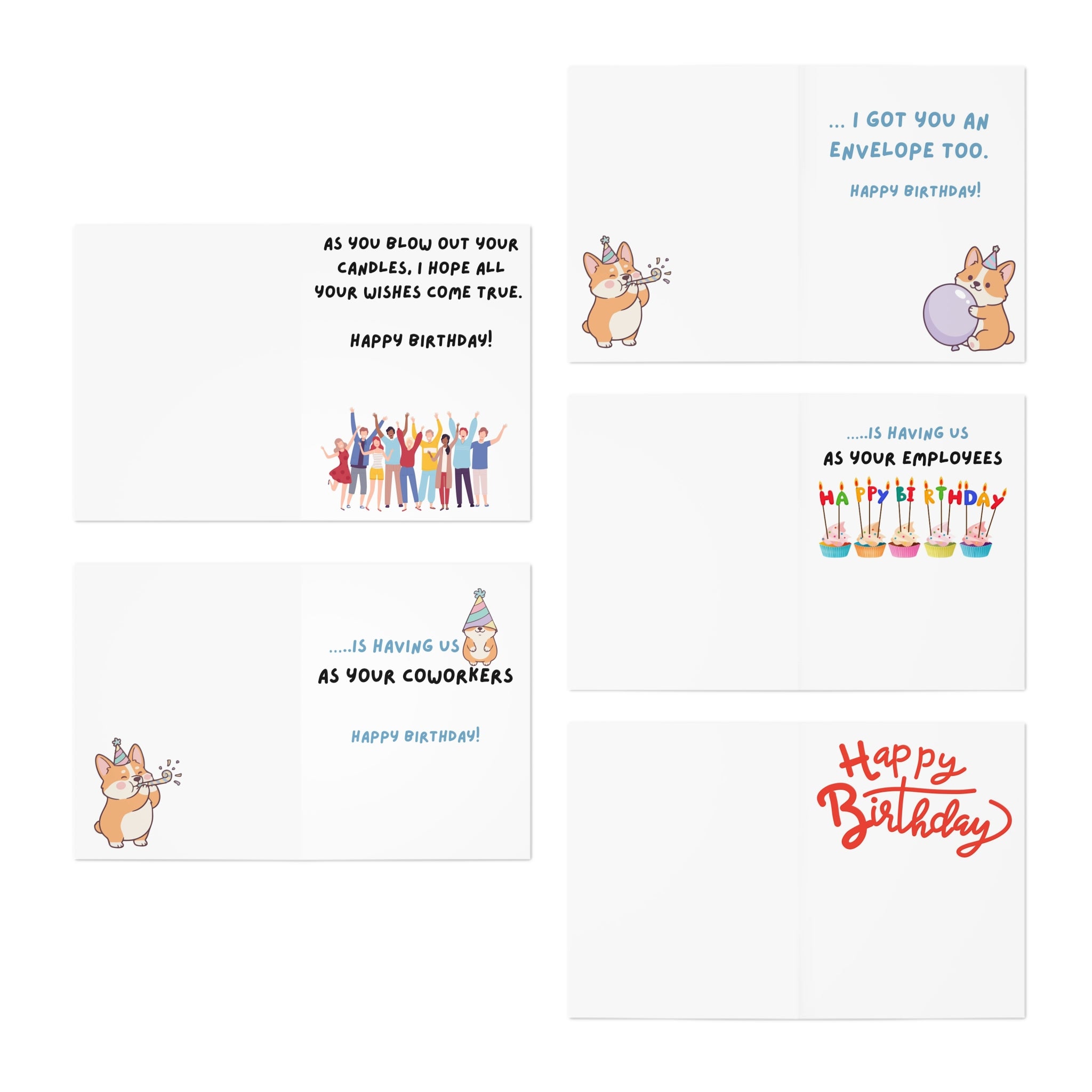 Birthday Greeting Card Set — 5-Pack Funny Corgi & Cake Designs (Workfriend, Candles, Gifts)