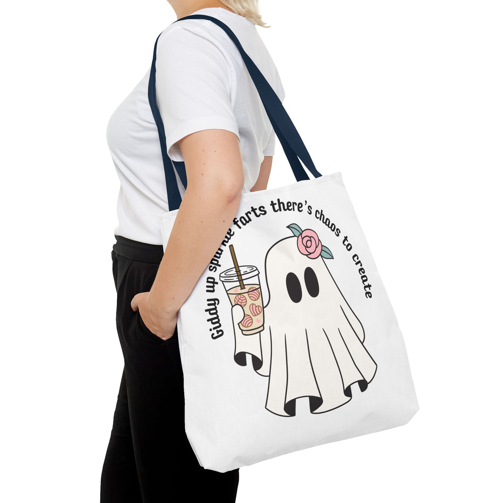 Cute Ghost Tote Bag - "Giddy up sparkle farts there’s chaos to create" Ghost with Boba Tea Tote