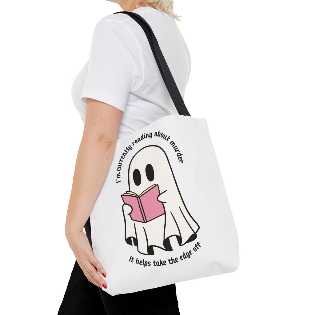 Ghost Reading Tote Bag — Cute Ghost with Book "I'm currently reading about murder, it helps take the edge off"