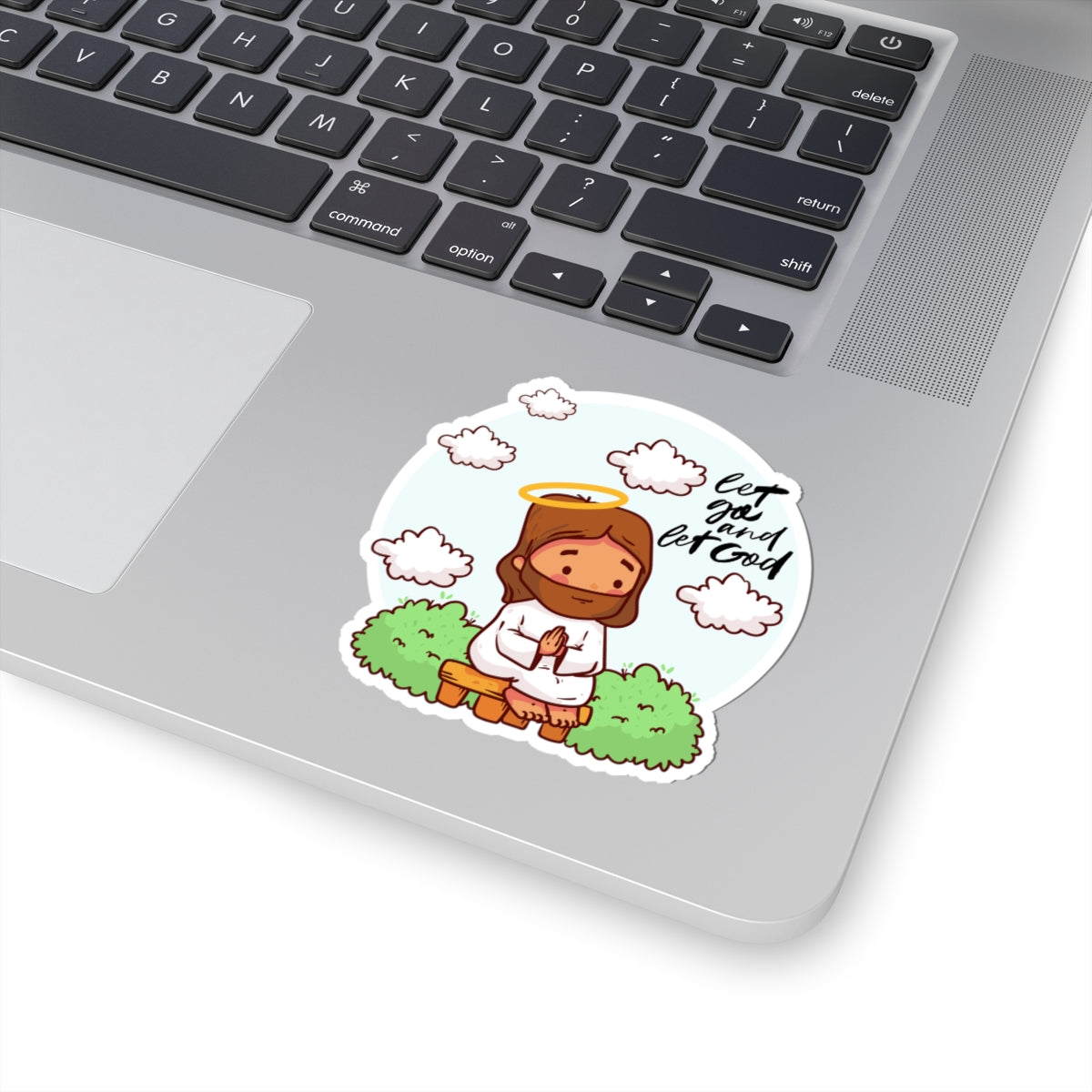 Let Go and Let God Prayer Sticker — Cute Jesus Kiss-Cut Sticker for Laptops & Gifts