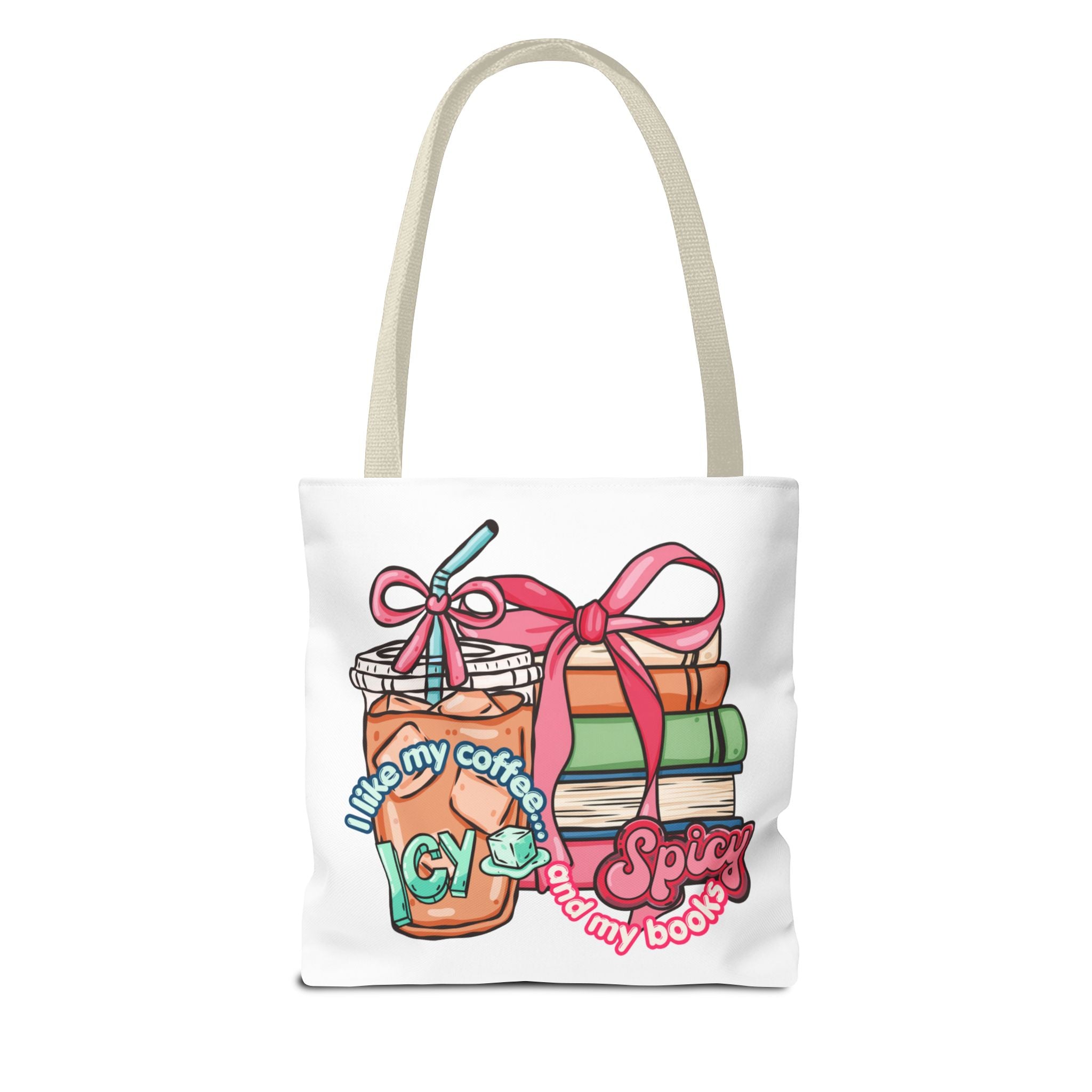 Book Lover Tote Bag — “I like my coffee icy and my books spicy” Illustrated Bookstack & Iced Coffee Design
