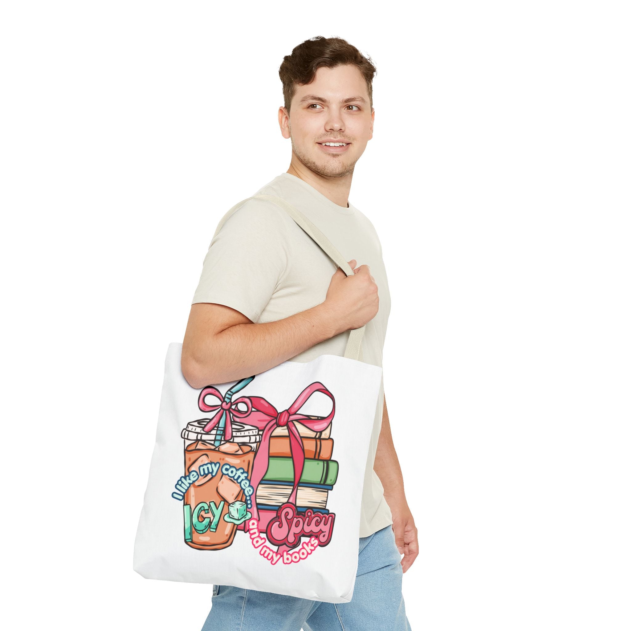 Book Lover Tote Bag — “I like my coffee icy and my books spicy” Illustrated Bookstack & Iced Coffee Design