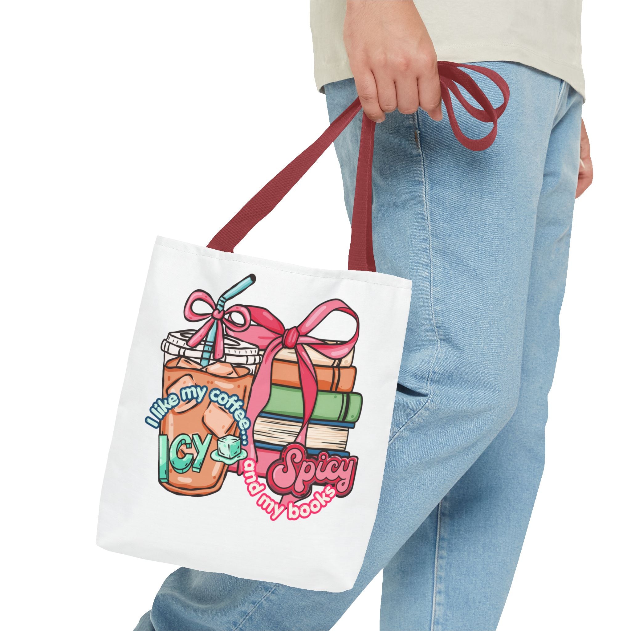 Book Lover Tote Bag — “I like my coffee icy and my books spicy” Illustrated Bookstack & Iced Coffee Design