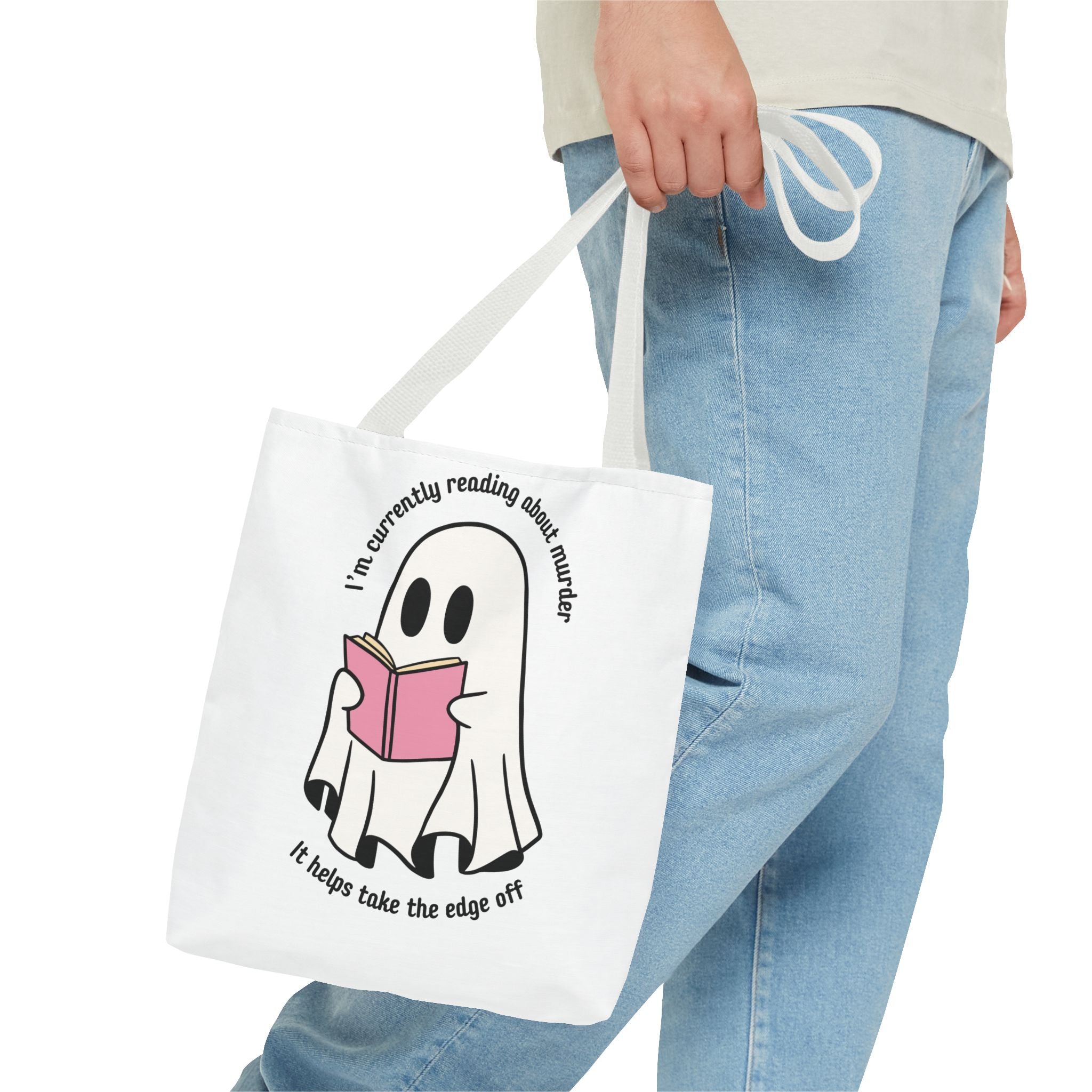 Ghost Reading Tote Bag — Cute Ghost with Book "I'm currently reading about murder, it helps take the edge off"