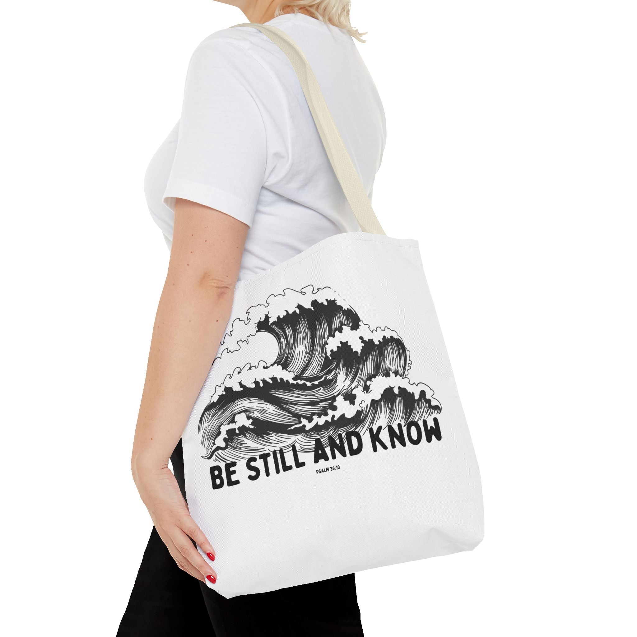 Be Still and Know Wave Tote Bag — Inspirational Psalm 36:10 Canvas Tote