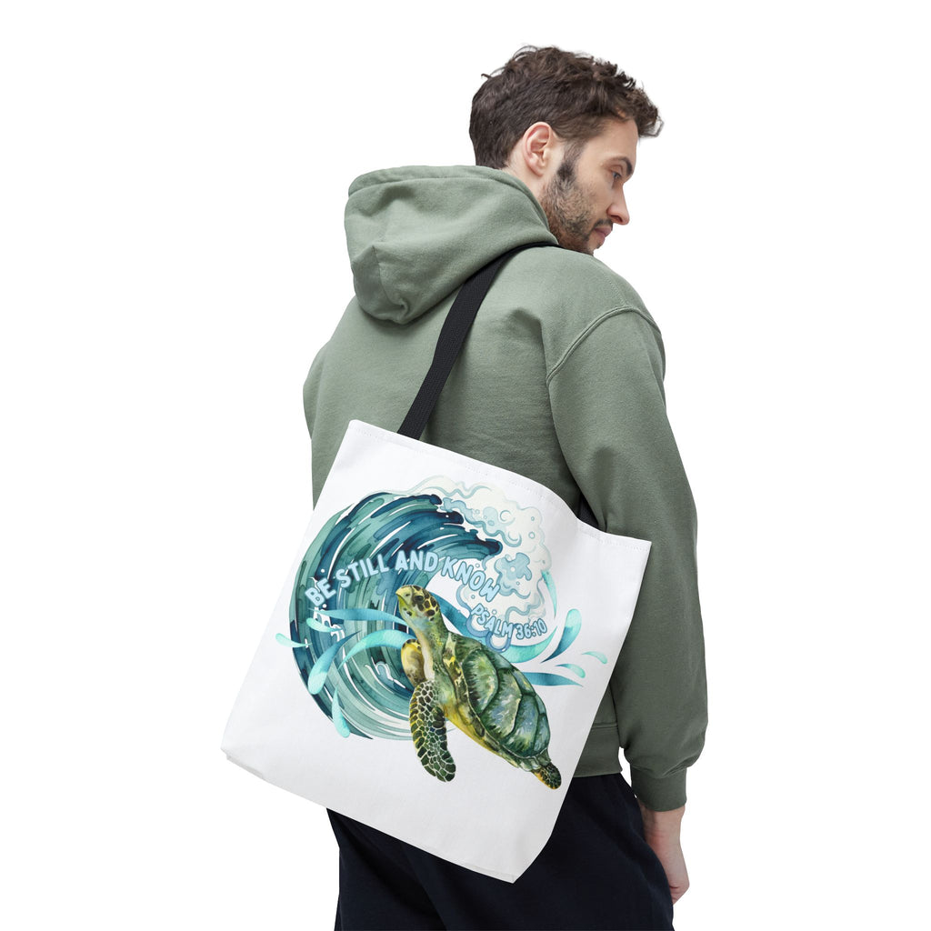 Sea Turtle Wave Tote Bag — "Be Still and Know" Ocean Eco Shopper