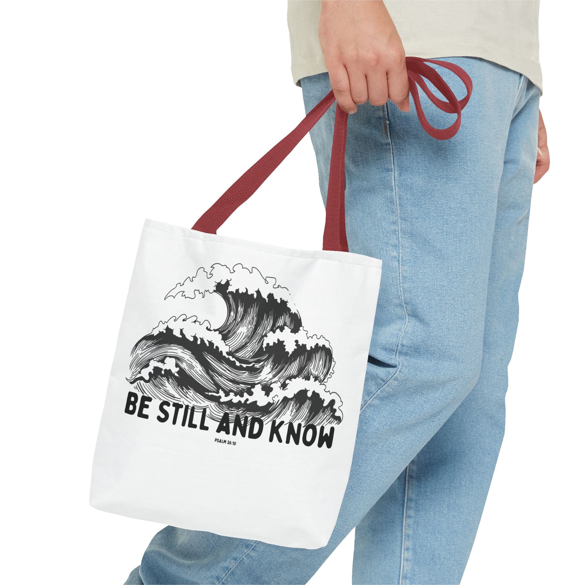 Be Still and Know Wave Tote Bag — Inspirational Psalm 36:10 Canvas Tote