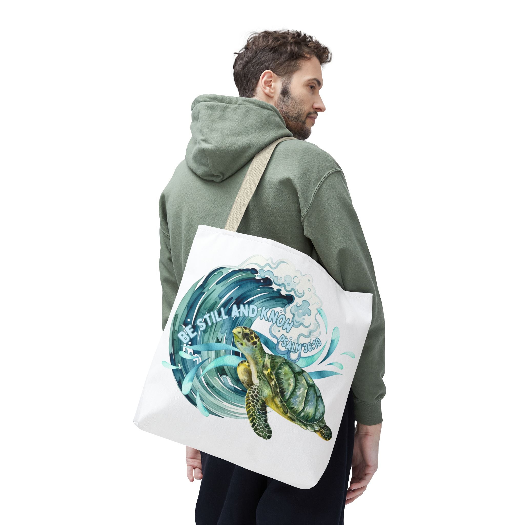 Sea Turtle Wave Tote Bag — "Be Still and Know" Ocean Eco Shopper