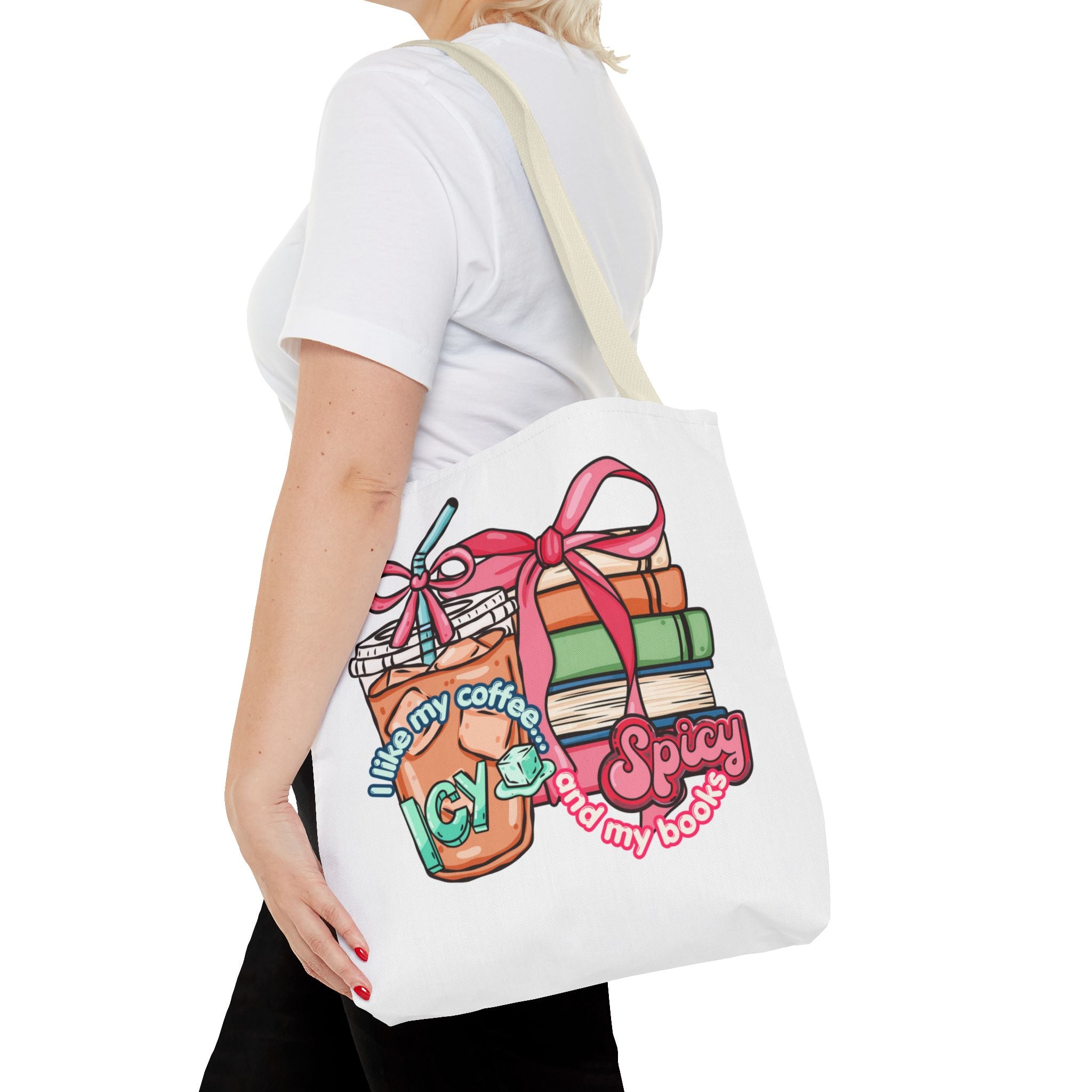 Book Lover Tote Bag — “I like my coffee icy and my books spicy” Illustrated Bookstack & Iced Coffee Design