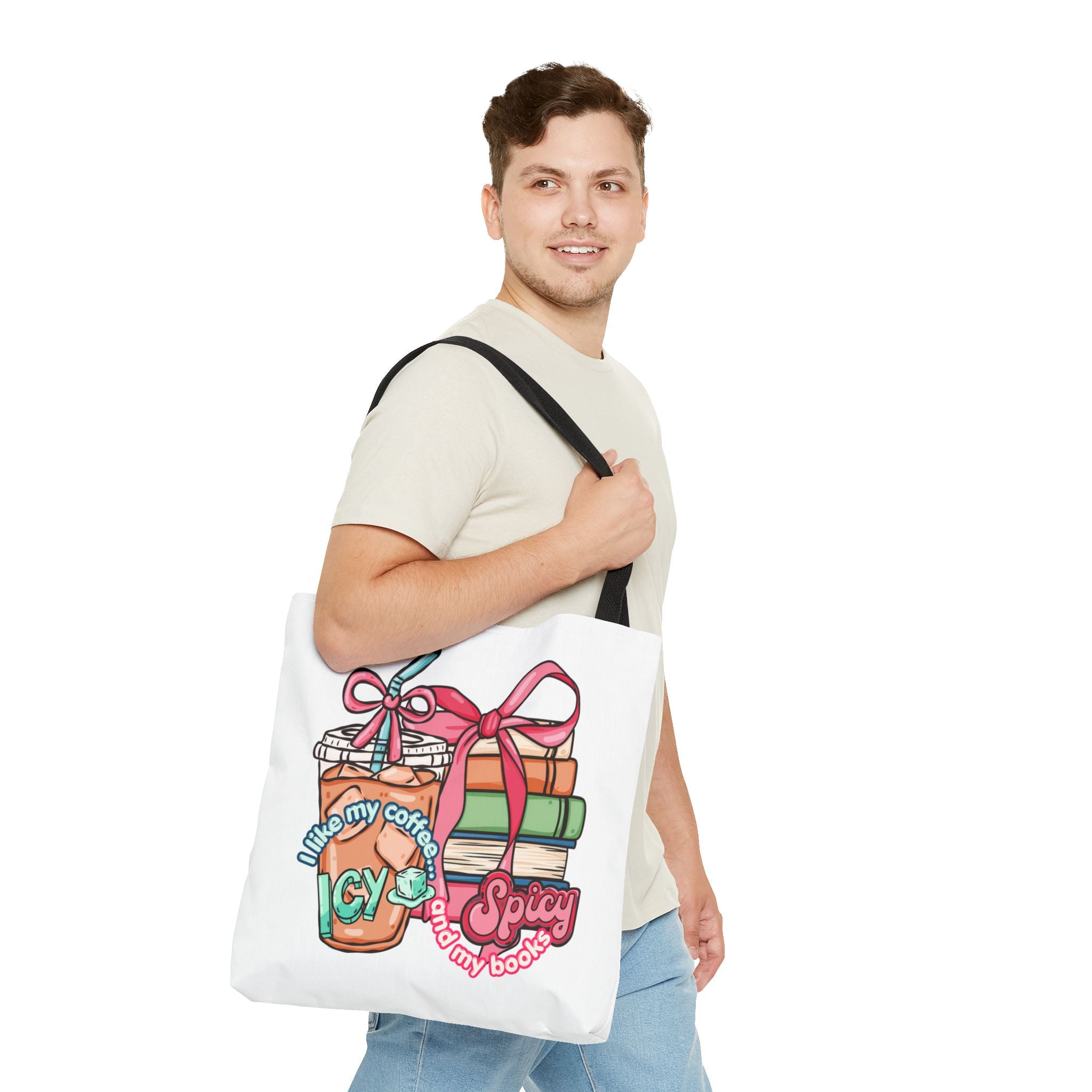 Book Lover Tote Bag — “I like my coffee icy and my books spicy” Illustrated Bookstack & Iced Coffee Design
