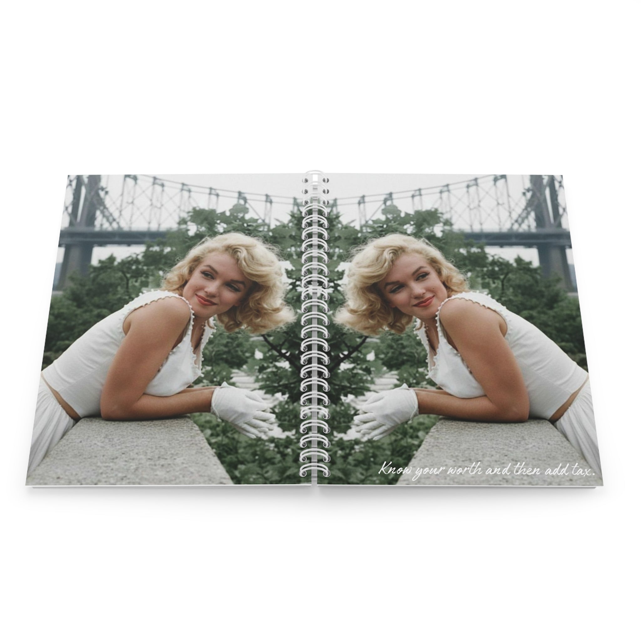 Marilyn Monroe Vintage Photo Spiral Notebook — 'Know Your Worth and Then Add Tax'