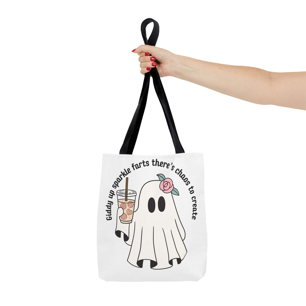 Cute Ghost Tote Bag - "Giddy up sparkle farts there’s chaos to create" Ghost with Boba Tea Tote