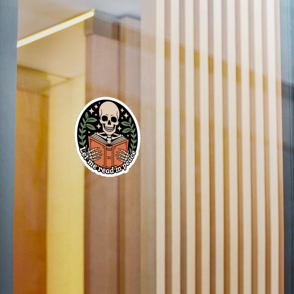 Skeleton Reading Vinyl Sticker – “Let Me Read in Peace” Kiss-Cut Decal