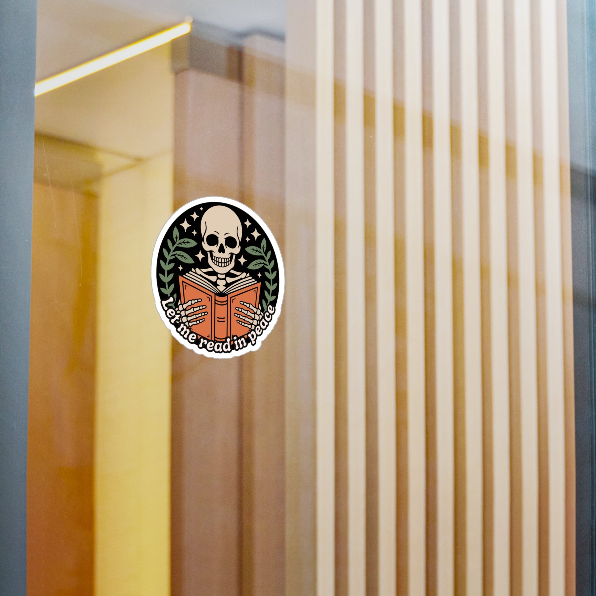 Skeleton Reading Vinyl Sticker – “Let Me Read in Peace” Kiss-Cut Decal