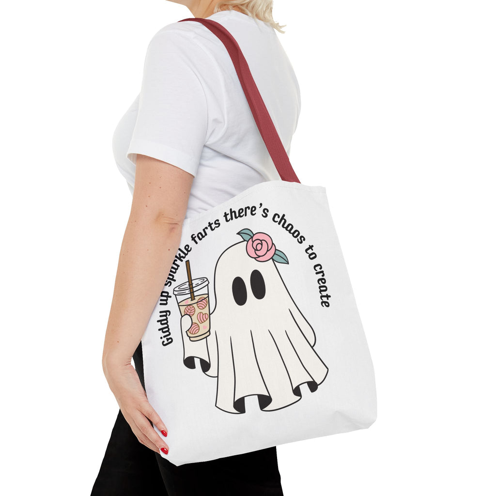 Cute Ghost Tote Bag - "Giddy up sparkle farts there’s chaos to create" Ghost with Boba Tea Tote