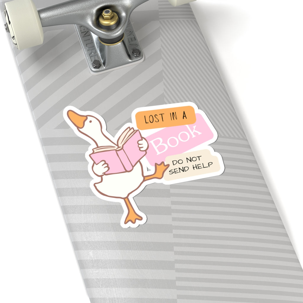 Book-Lover Goose Sticker — "Lost in a Book, Do Not Send Help" Kiss-Cut Sticker