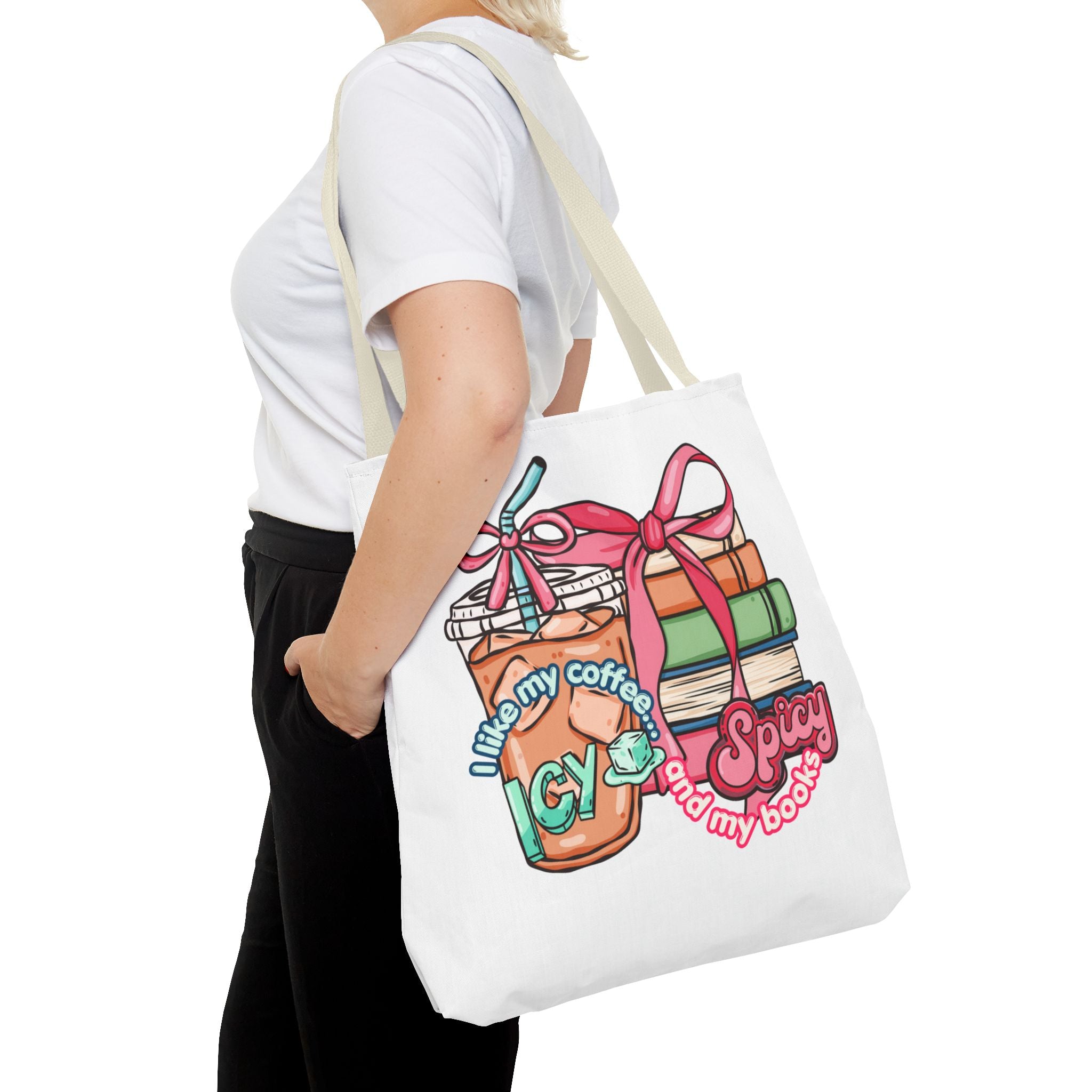 Book Lover Tote Bag — “I like my coffee icy and my books spicy” Illustrated Bookstack & Iced Coffee Design