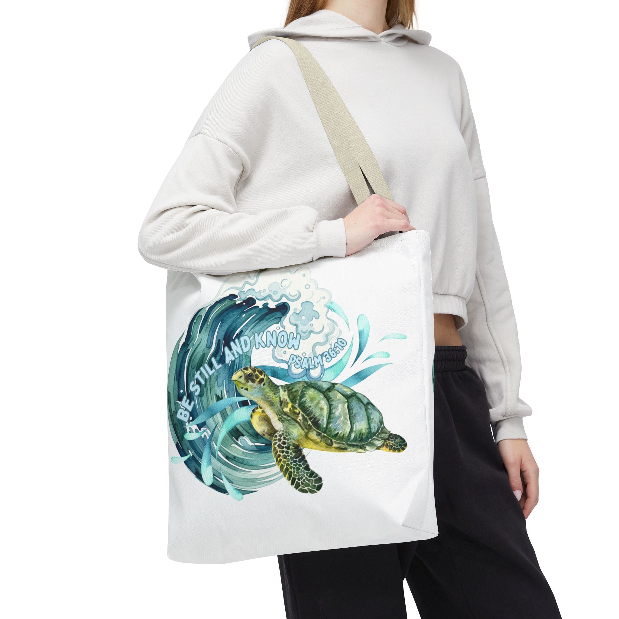 Sea Turtle Wave Tote Bag — "Be Still and Know" Ocean Eco Shopper