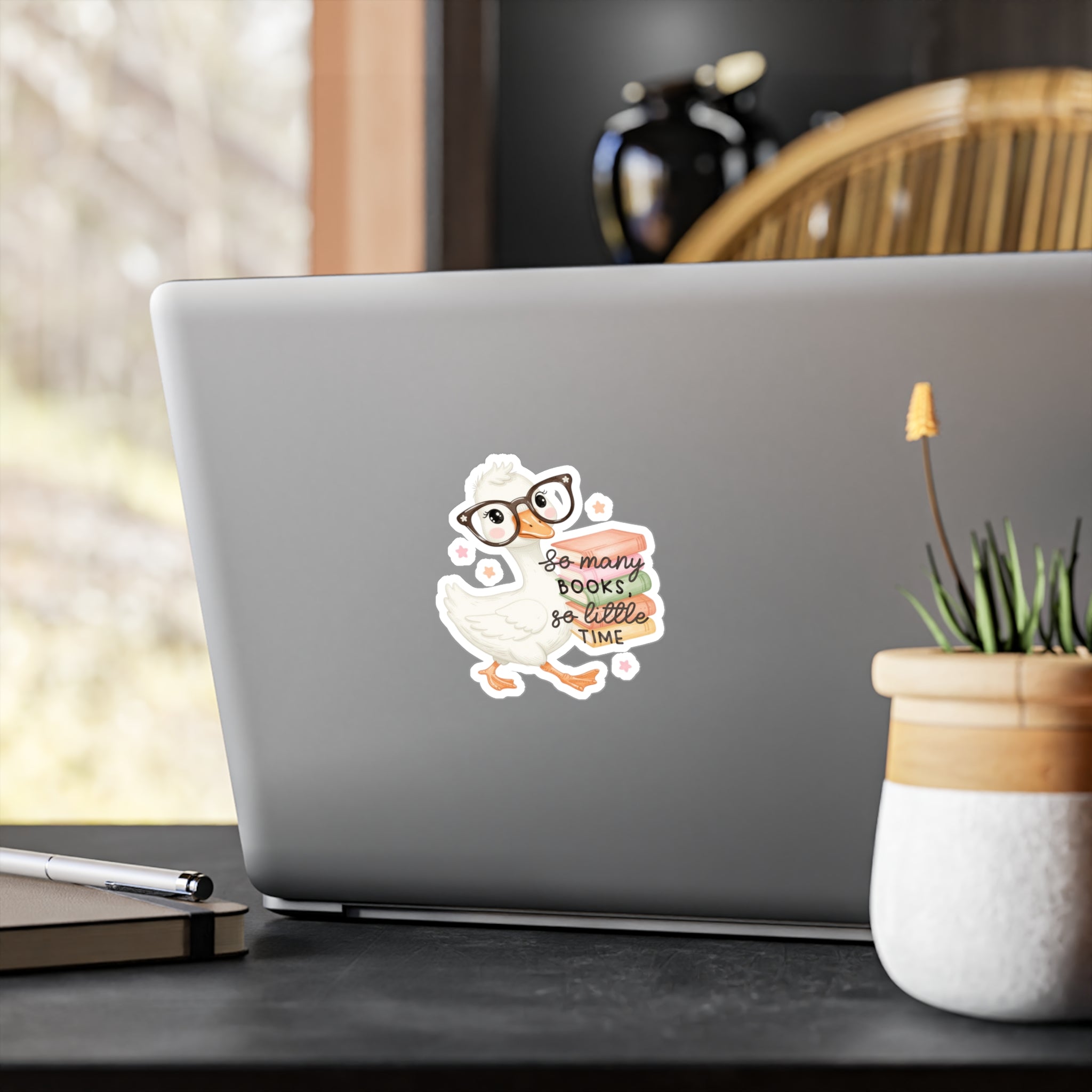 Duck Booklover Vinyl Sticker — "So Many Books, So Little Time" Kiss-Cut Decal