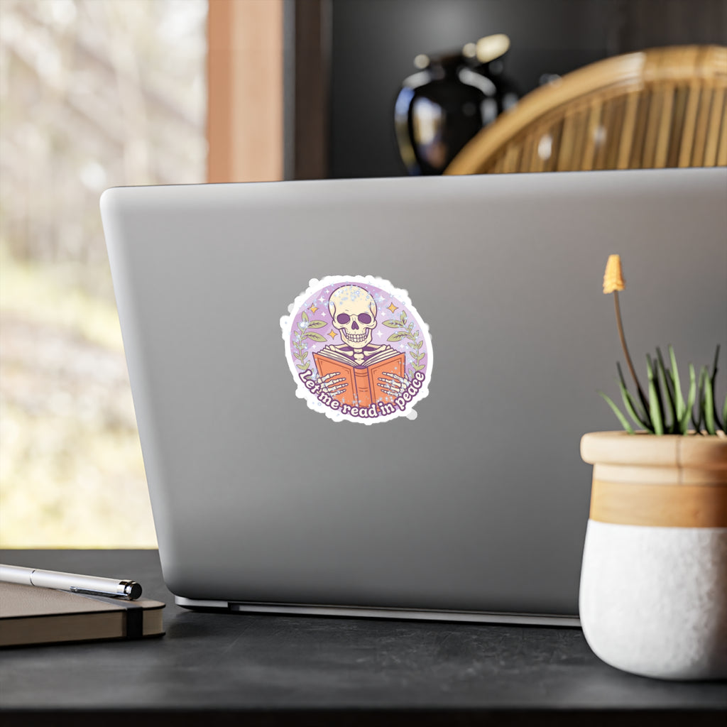 Kiss-Cut Vinyl Decal — “Let Me Read in Peace” Skull Reading Sticker