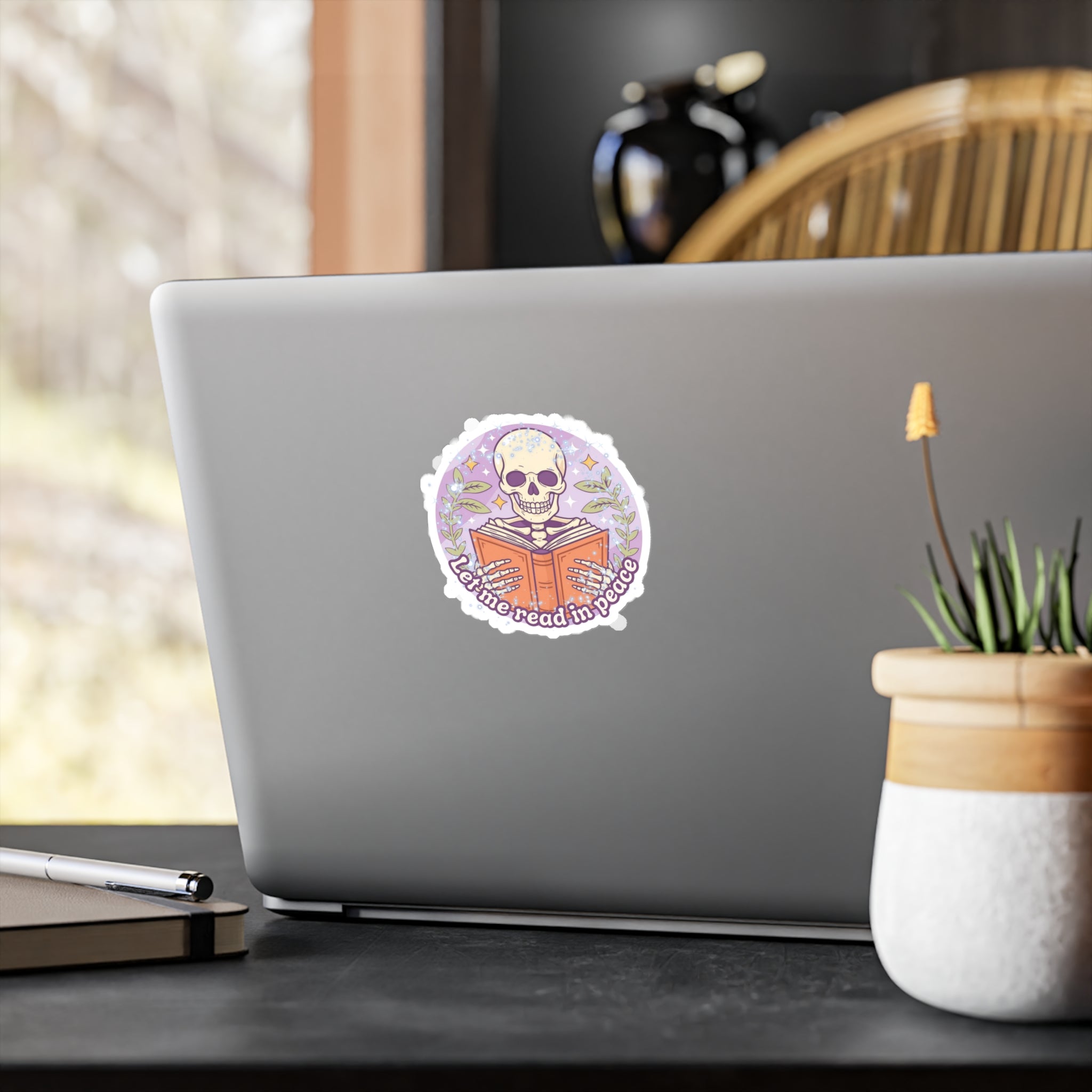Kiss-Cut Vinyl Decal — “Let Me Read in Peace” Skull Reading Sticker