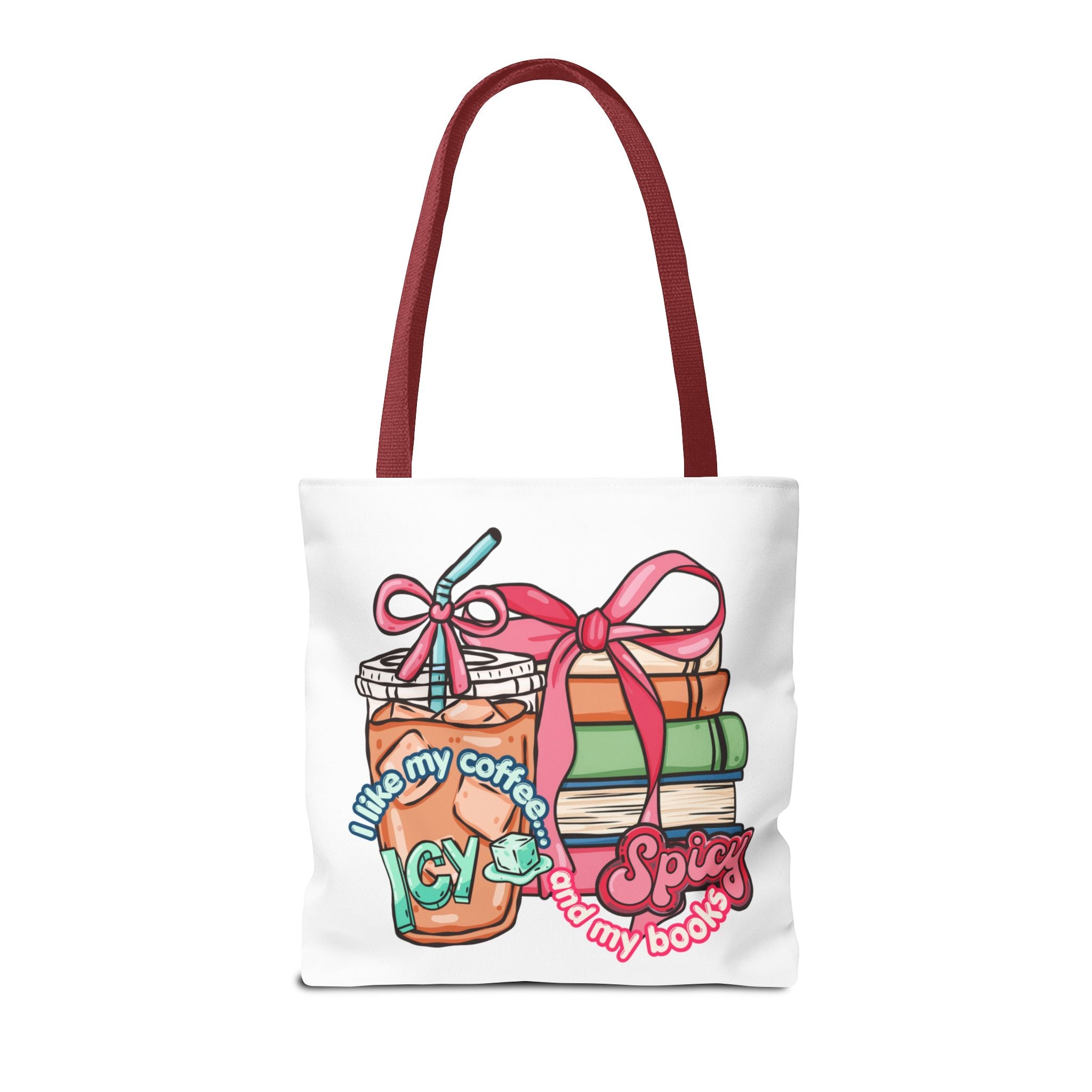 Book Lover Tote Bag — “I like my coffee icy and my books spicy” Illustrated Bookstack & Iced Coffee Design