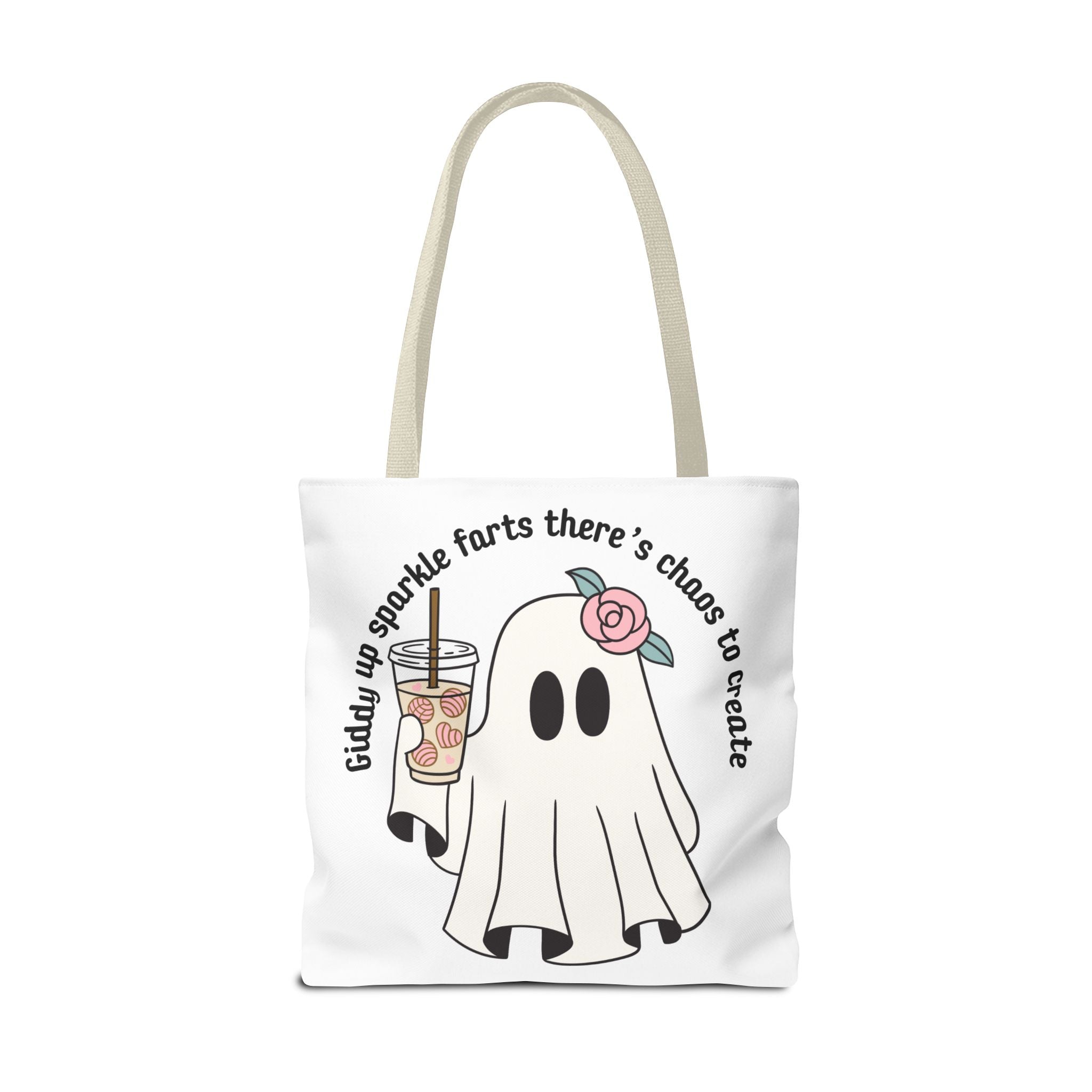 Cute Ghost Tote Bag - "Giddy up sparkle farts there’s chaos to create" Ghost with Boba Tea Tote