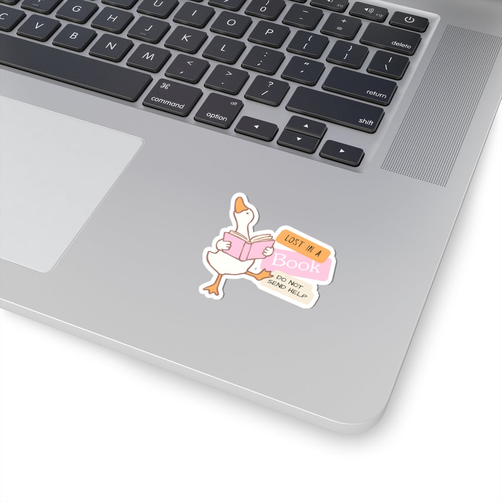 Book-Lover Goose Sticker — "Lost in a Book, Do Not Send Help" Kiss-Cut Sticker