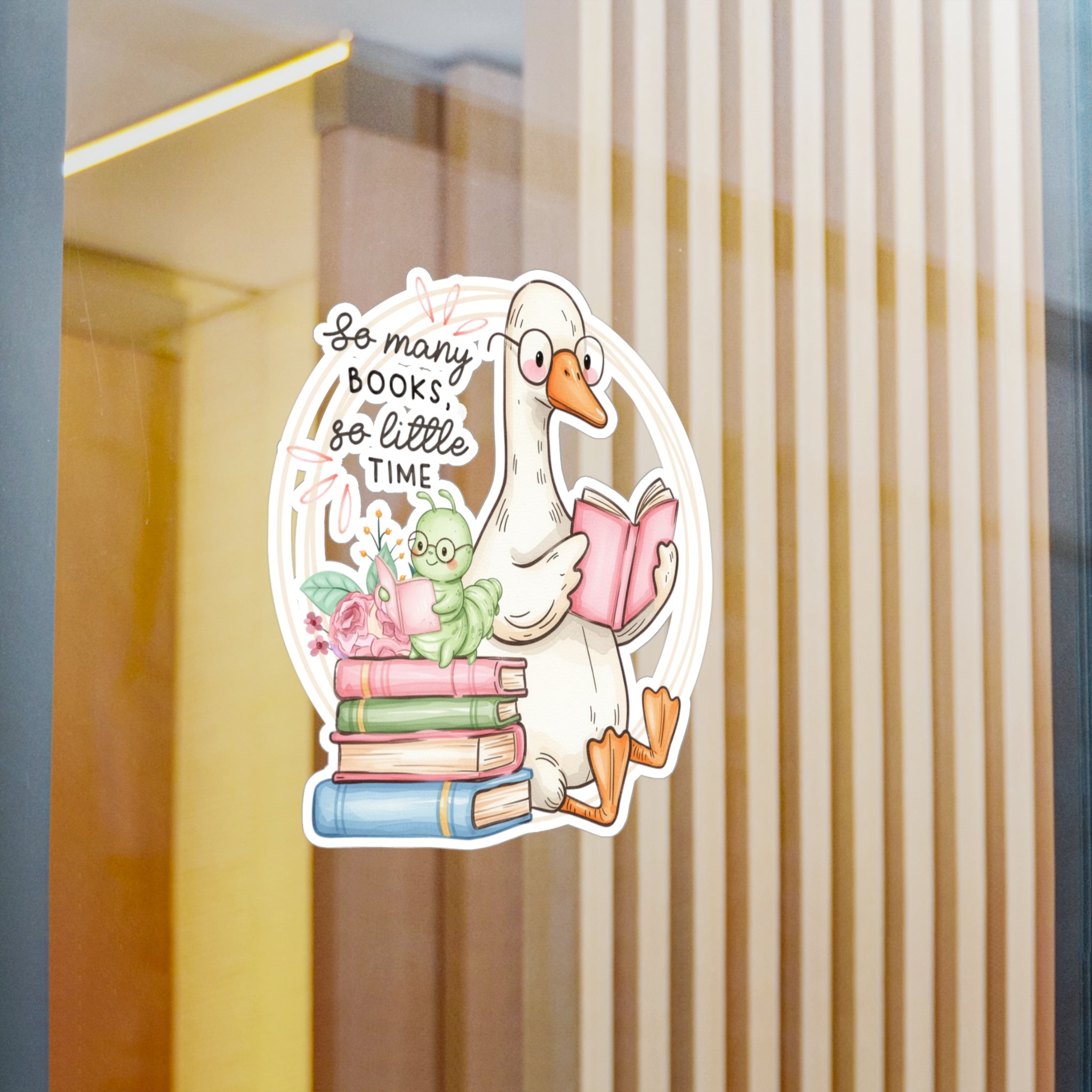 Reading Goose Kiss-Cut Vinyl Sticker — “So Many Books, So Little Time”