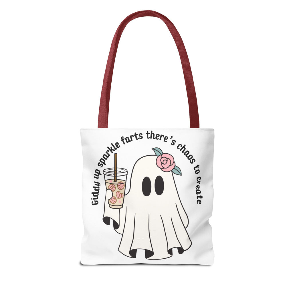 Cute Ghost Tote Bag - "Giddy up sparkle farts there’s chaos to create" Ghost with Boba Tea Tote