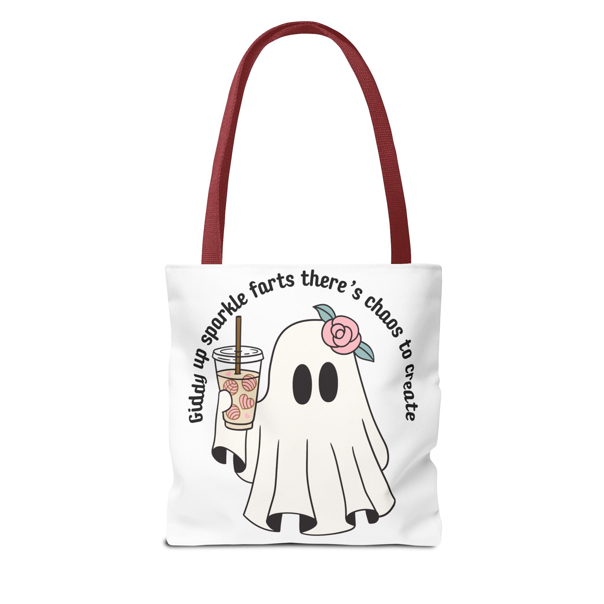 Cute Ghost Tote Bag - "Giddy up sparkle farts there’s chaos to create" Ghost with Boba Tea Tote