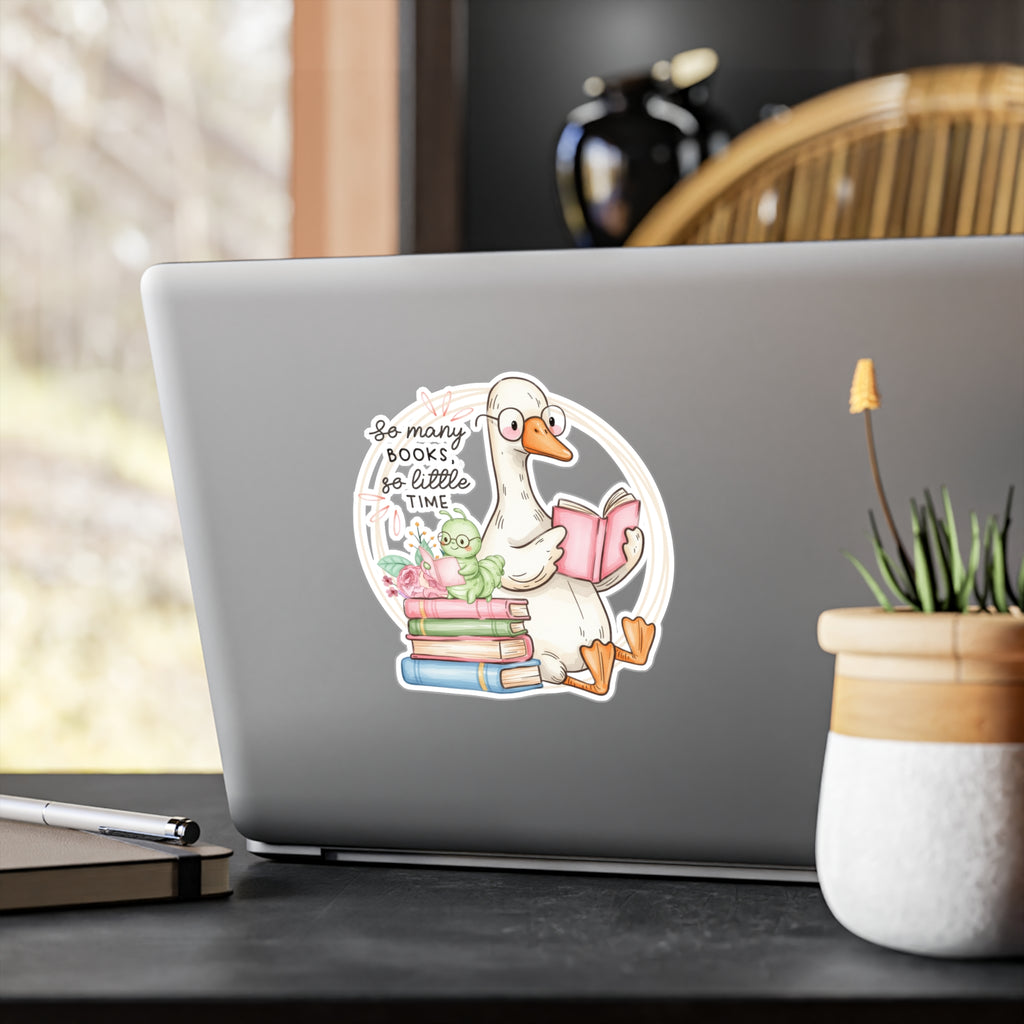 Reading Goose Kiss-Cut Vinyl Sticker — "So Many Books, So Little Time"