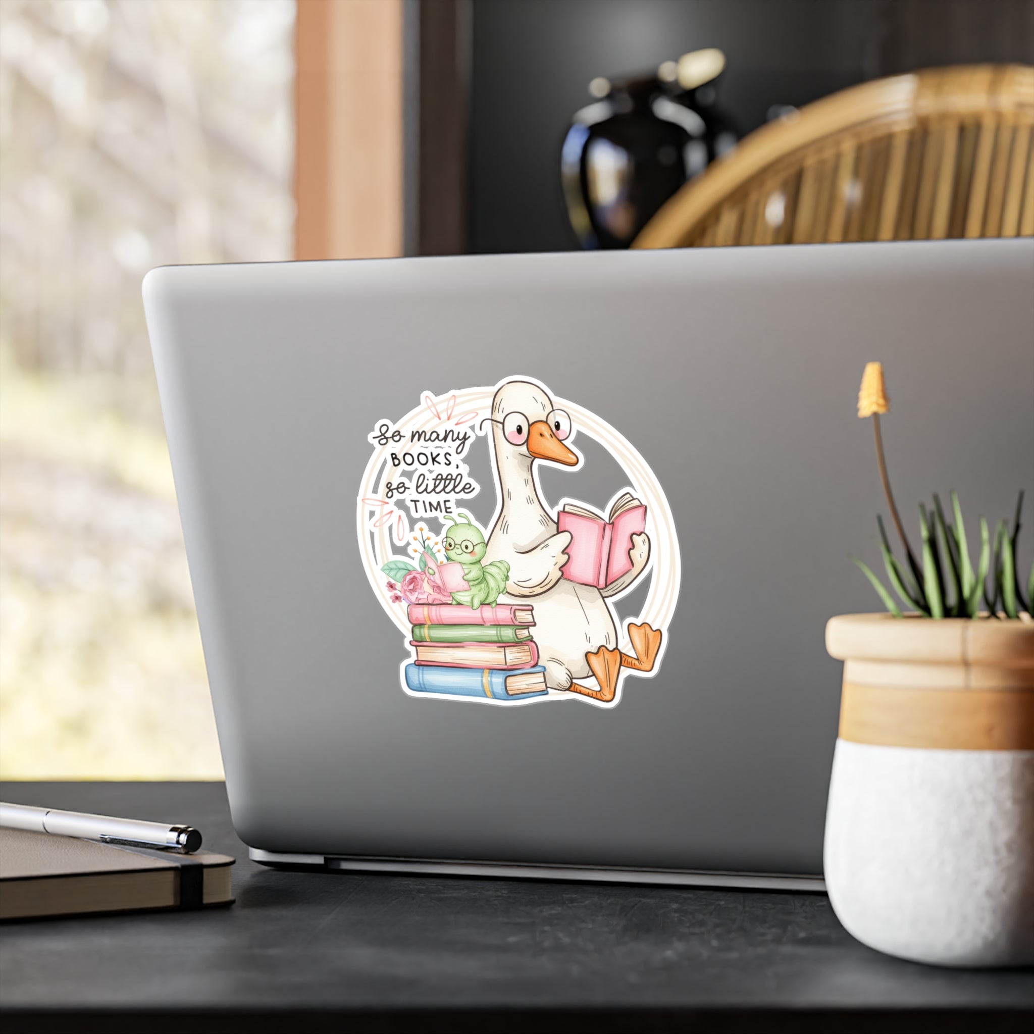 Reading Goose Kiss-Cut Vinyl Sticker — "So Many Books, So Little Time"
