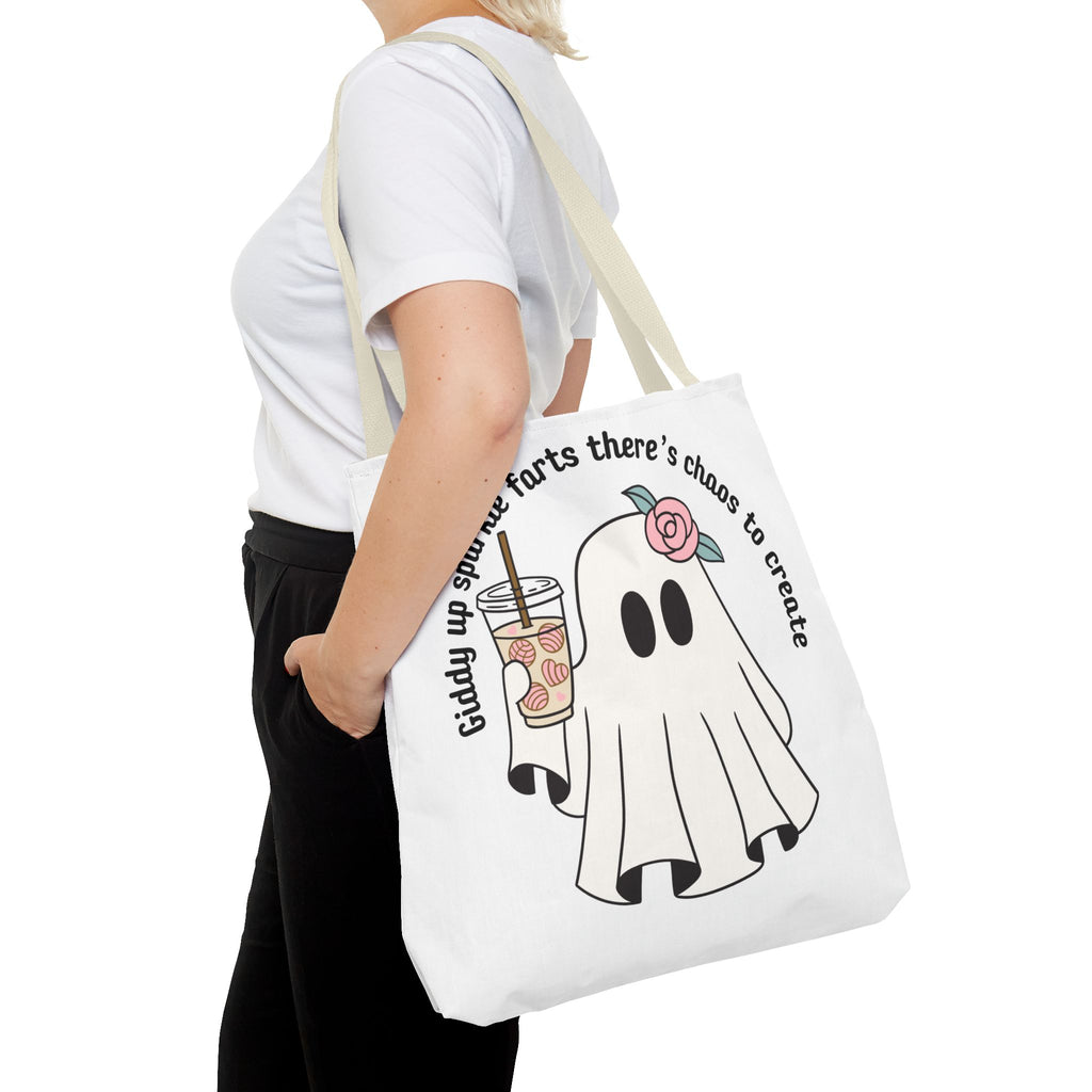 Cute Ghost Tote Bag - "Giddy up sparkle farts there’s chaos to create" Ghost with Boba Tea Tote