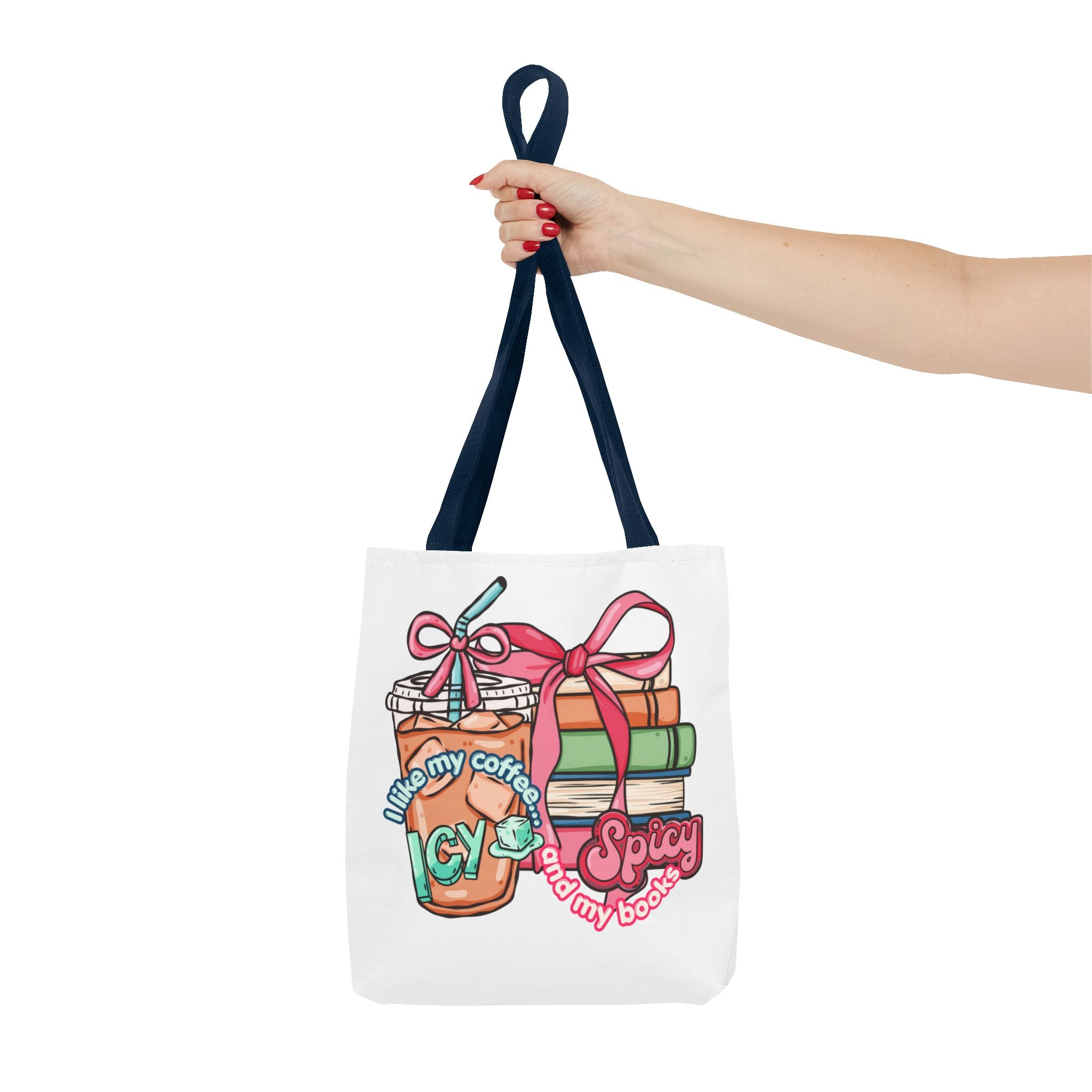 Book Lover Tote Bag — “I like my coffee icy and my books spicy” Illustrated Bookstack & Iced Coffee Design